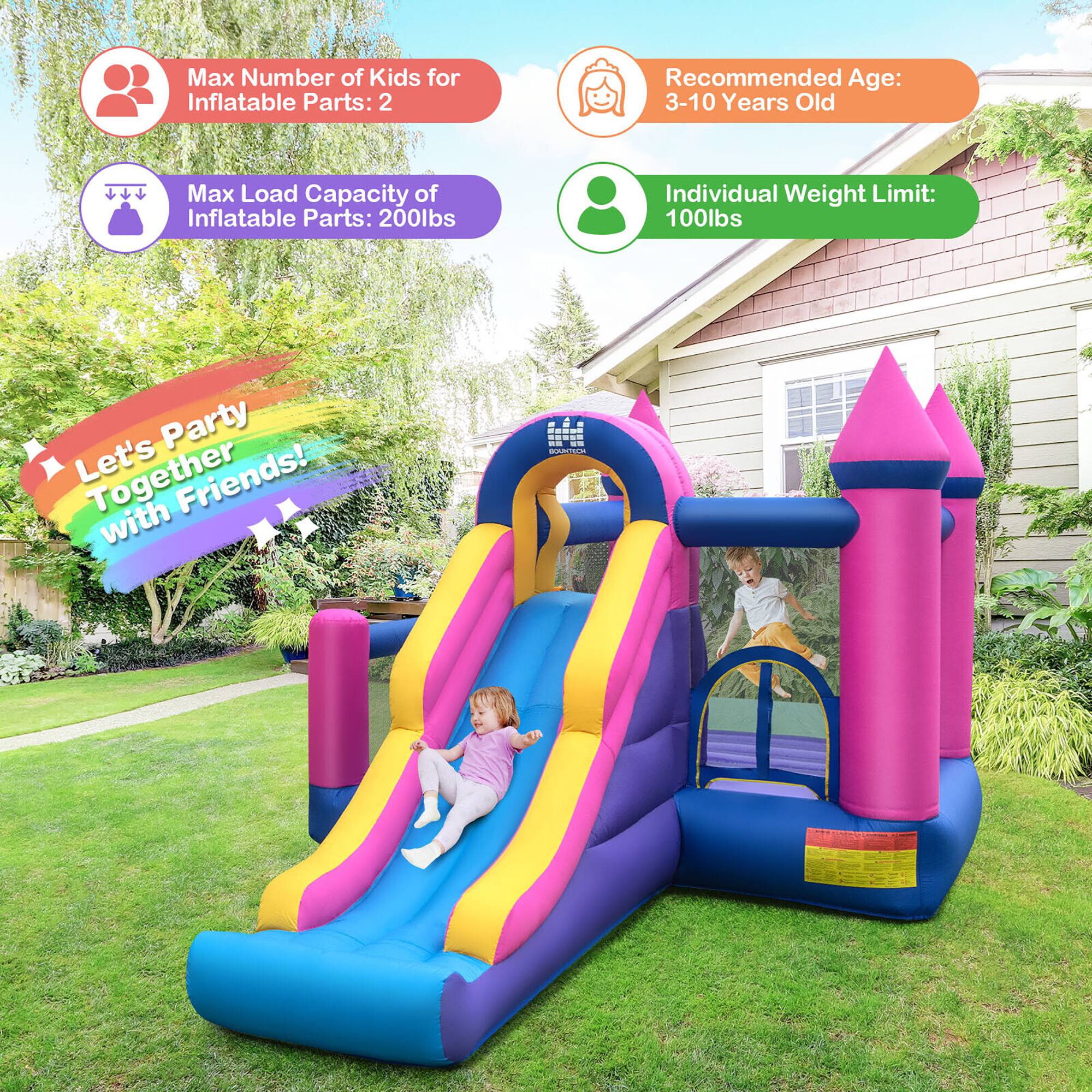 Max Number of Kids for Inflatable Parts: 2  
Max Load Capacity of Inflatable Parts: 200lbs  
Recommended Age: 3-10 Years Old  
Individual Weight Limit: 100lbs  

Let's Party Together with Friends!