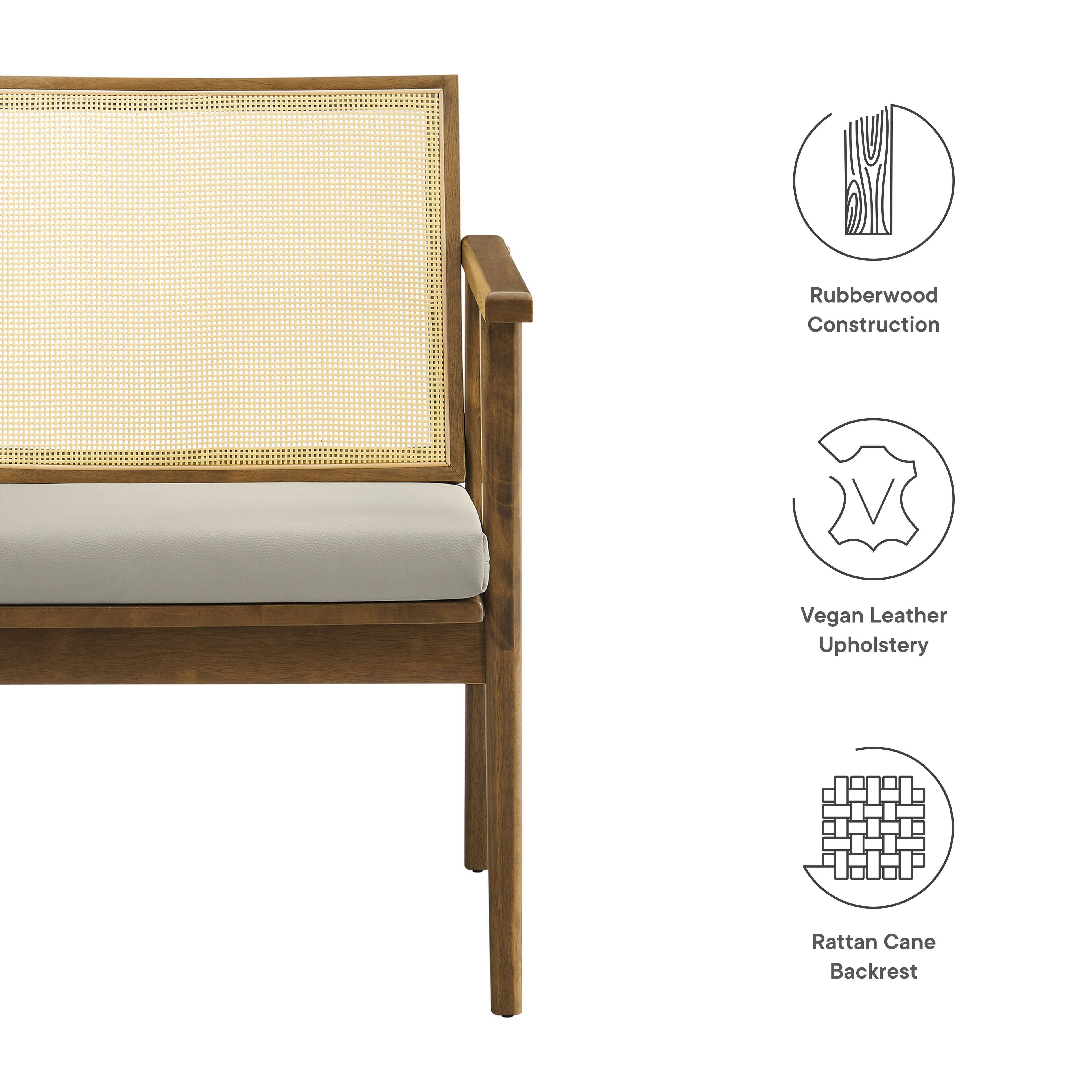 Rubberwood Construction  
Vegan Leather Upholstery  
Rattan Cane Backrest