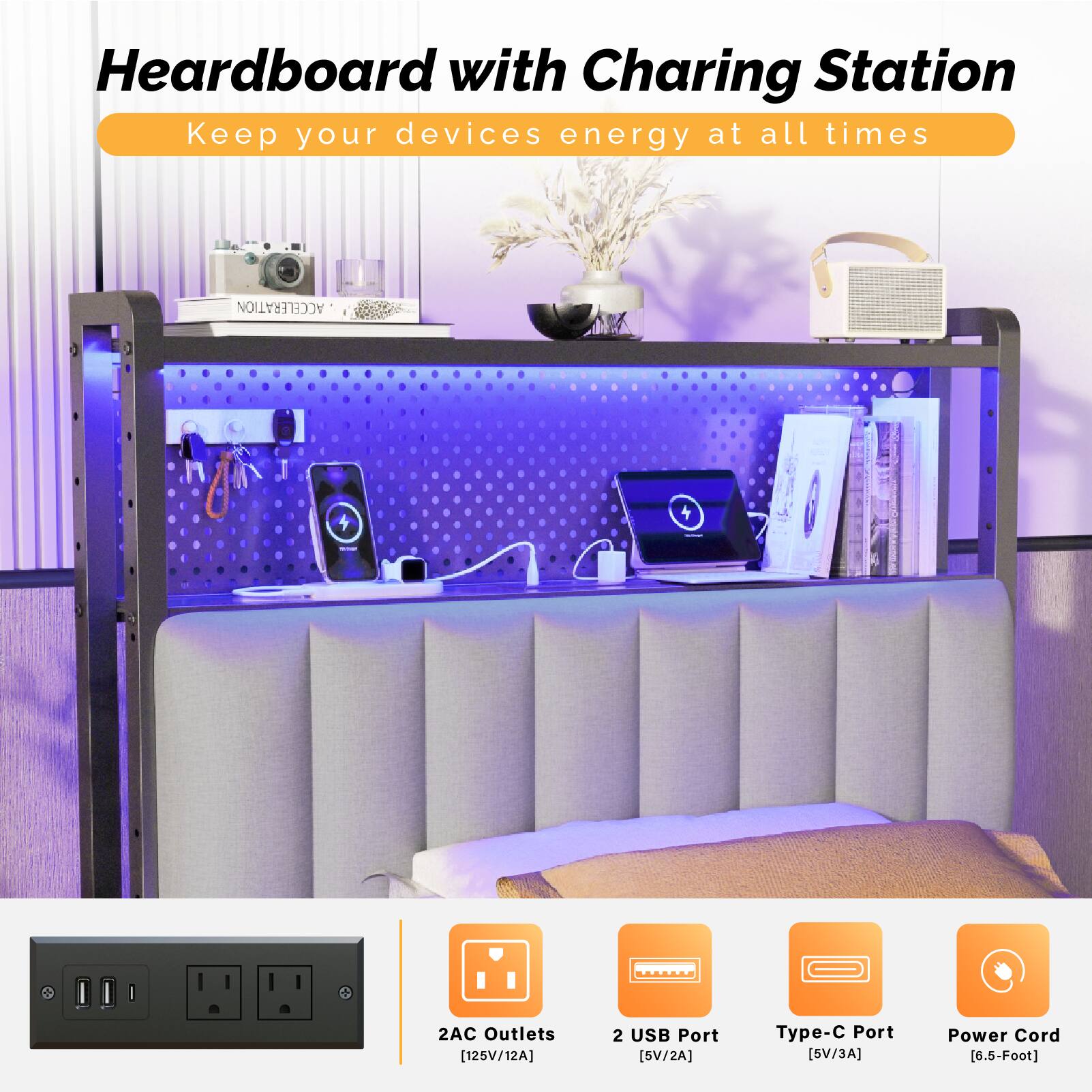 Heardboard with Charging Station  
Keep your devices energy at all times  

- 2AC Outlets [125V/12A]  
- 2 USB Port [5V/2A]  
- Type-C Port [5V/3A]  
- Power Cord [6.5-Foot]