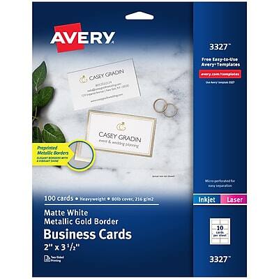 Avery - Business Cards, 2" x 3 1/2", /Gold, 10 Cards/Sheet, 10 Sheets/Pack, 100 Cards/Pack (3327) - White