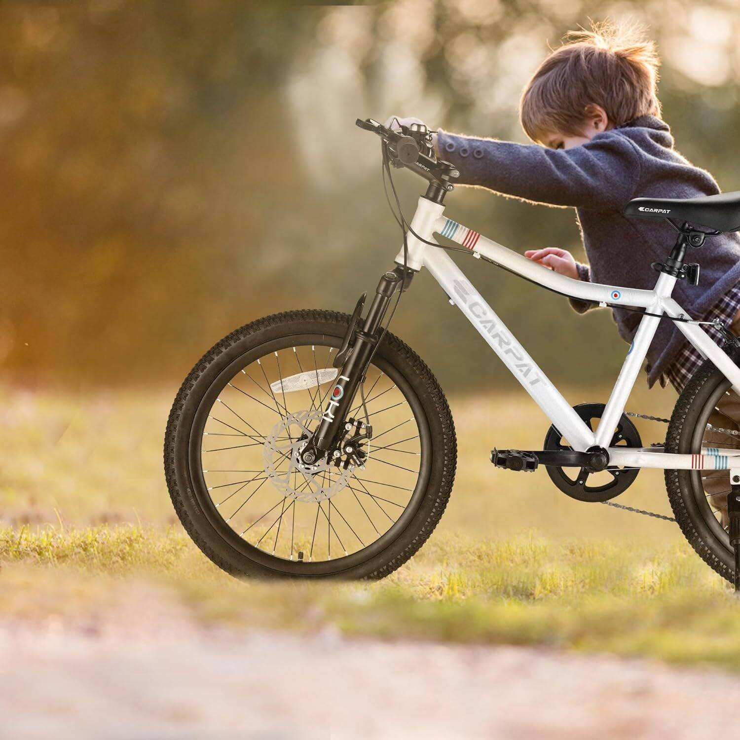 Angle. BreeBe - Ecarpat 20 Inch Kids' Mountain Bike, 7 Speed, Front Suspension, White Steel Frame - White.