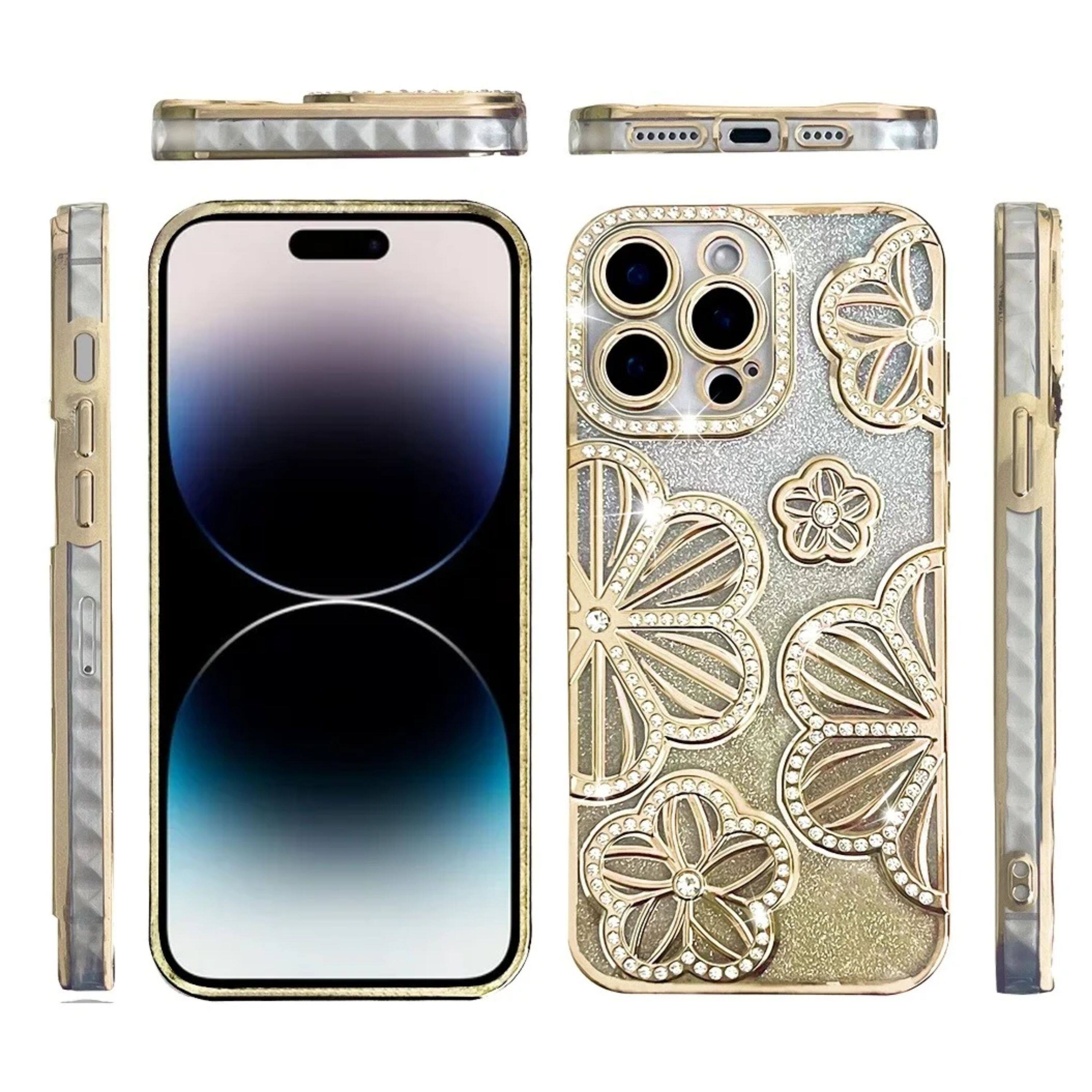 Angle. Kitcheniva - 3D Glitter Floral Rhinestone Phone Case For iPhone 14 Pro Max Gold - Gold.