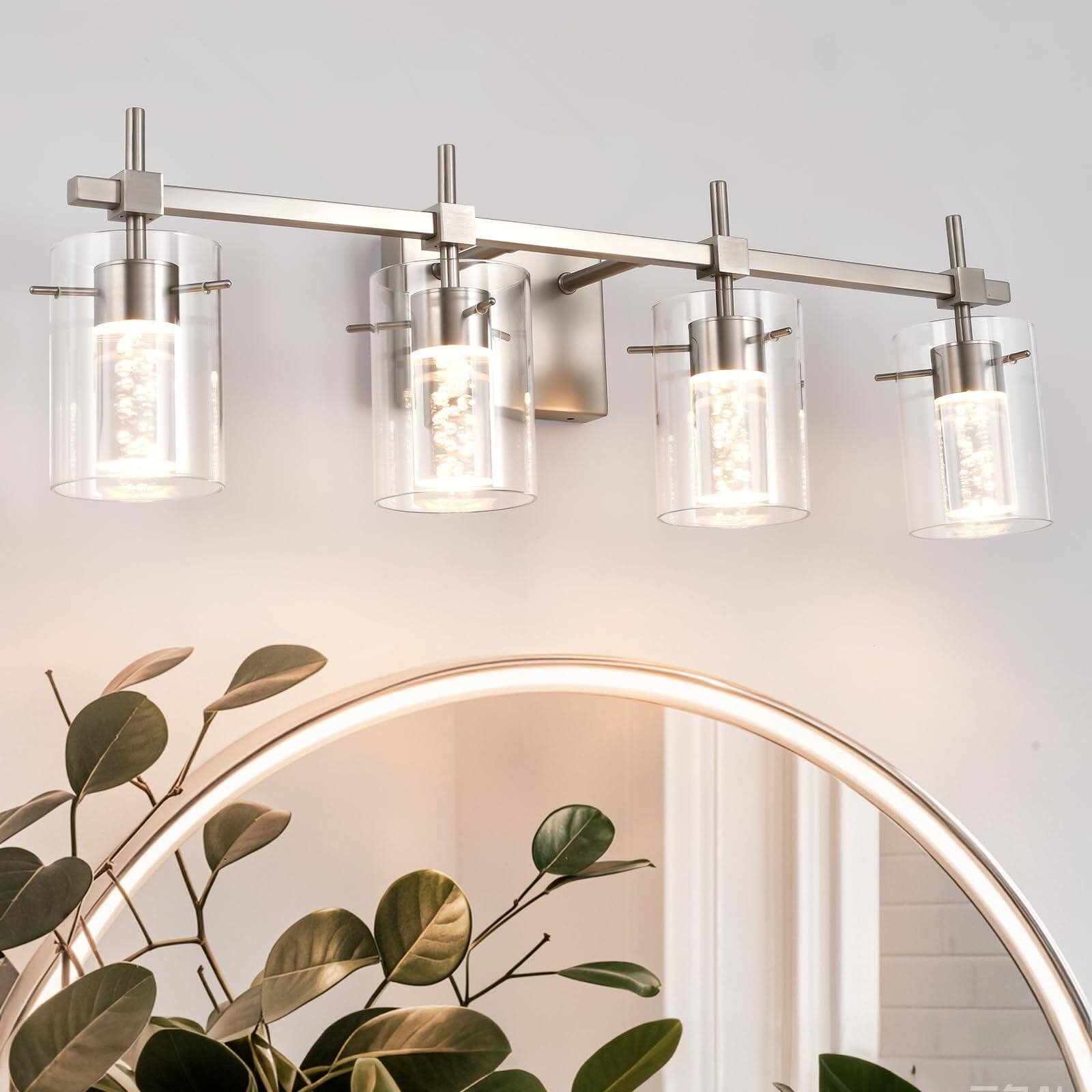 Front. Comfort Essence - Bathroom Light Fixtures Vanity Lights With Crystal Glass Shade Wall Lamp For Mirror Kitchen Hallway Bedroom - Brushed Nickel-4lights.