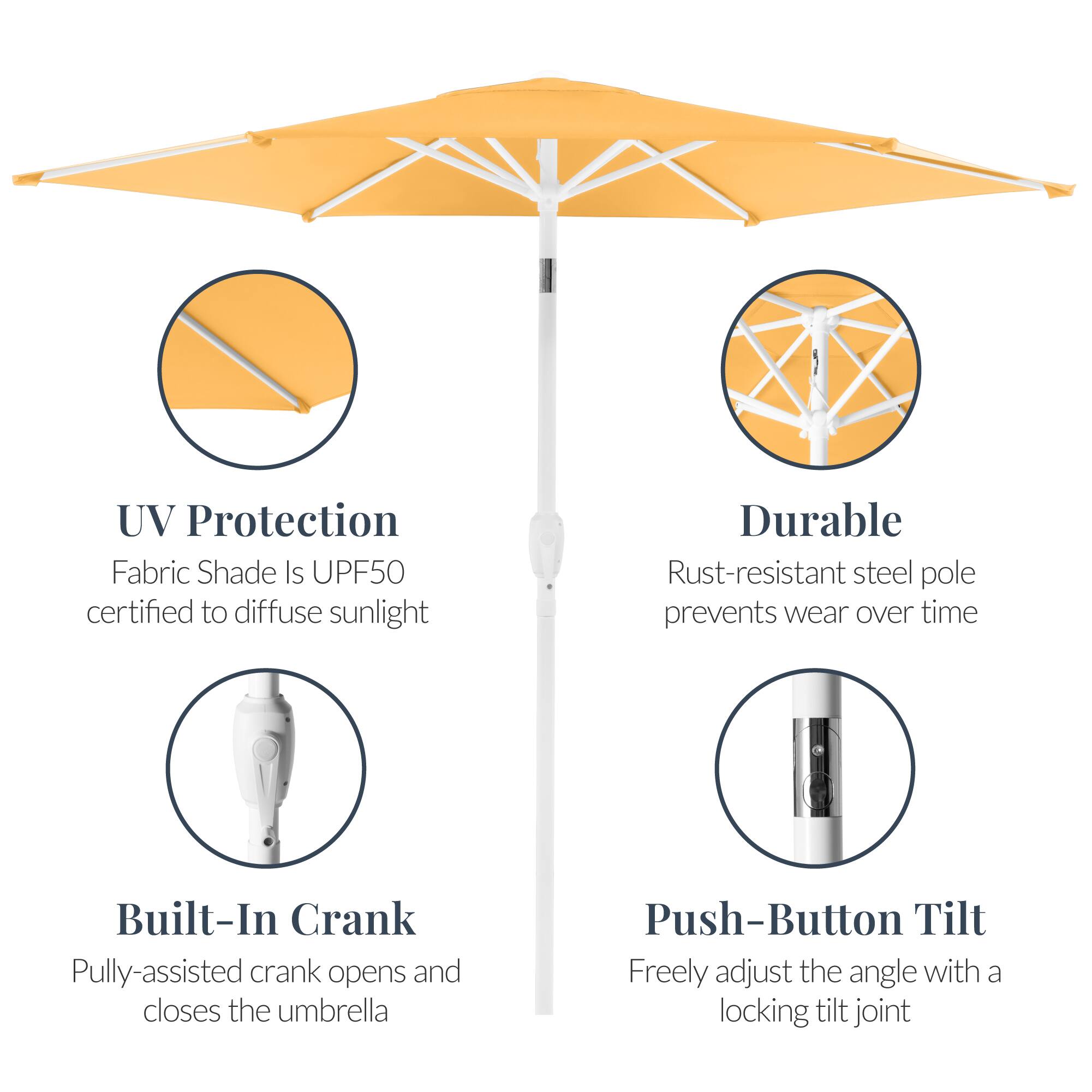 - UV Protection: Fabric Shade is UPF50 certified to diffuse sunlight
- Durable: Rust-resistant steel pole prevents wear over time
- Built-In Crank: Pulley-assisted crank opens and closes the umbrella
- Push-Button Tilt: Freely adjust the angle with a locking tilt joint