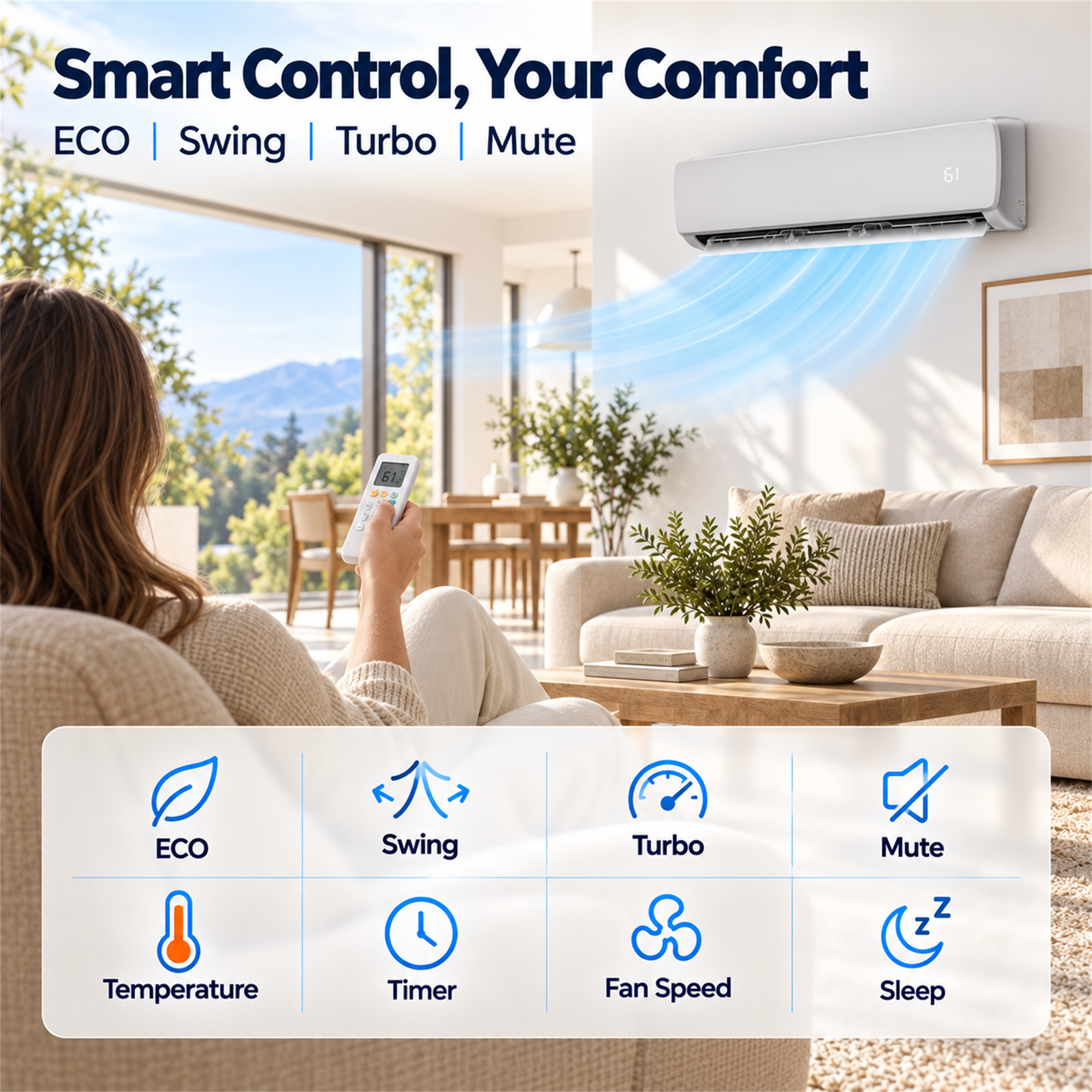 Smart Control, Your Comfort  
ECO | Swing | Turbo | Mute  

61  
ECO  
Swing  
Turbo  
Mute  
Temperature  
Timer  
Fan Speed  
Sleep