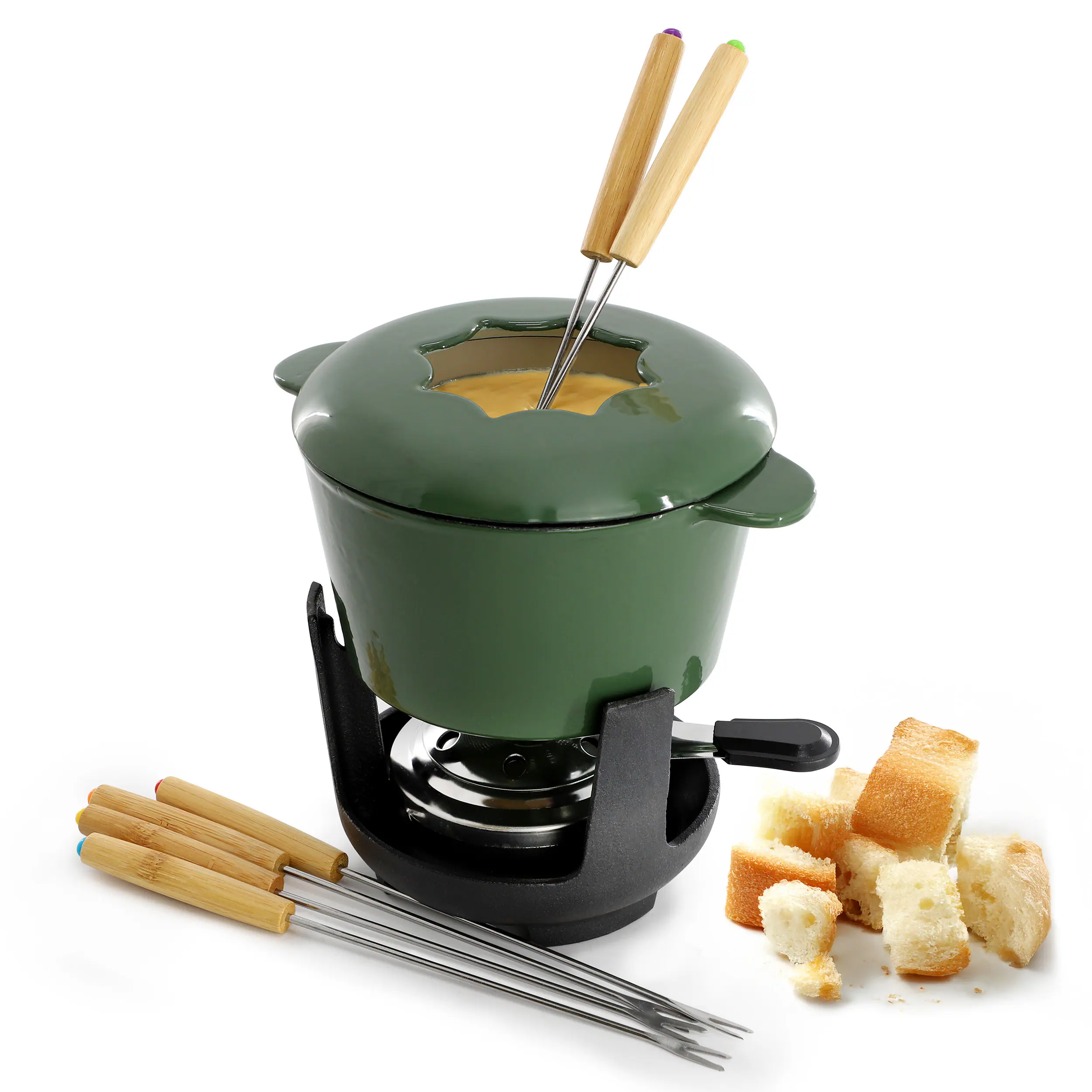 MegaChef - Enameled Cast Iron Fondue Pot with 6 Serving Forks - Green