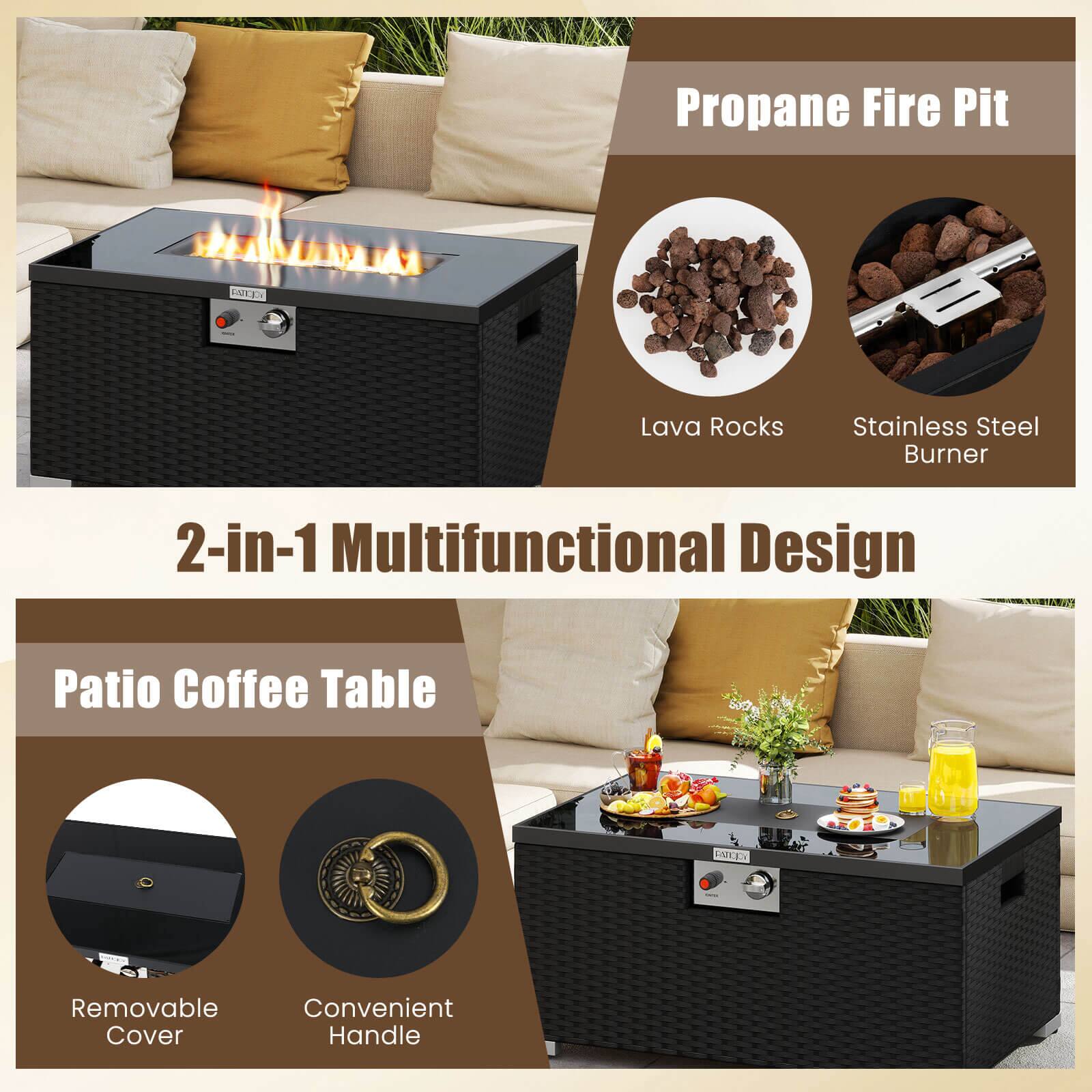 Propane Fire Pit  
Lava Rocks  
Stainless Steel Burner  

2-in-1 Multifunctional Design  

Patio Coffee Table  
Removable Cover  
Convenient Handle