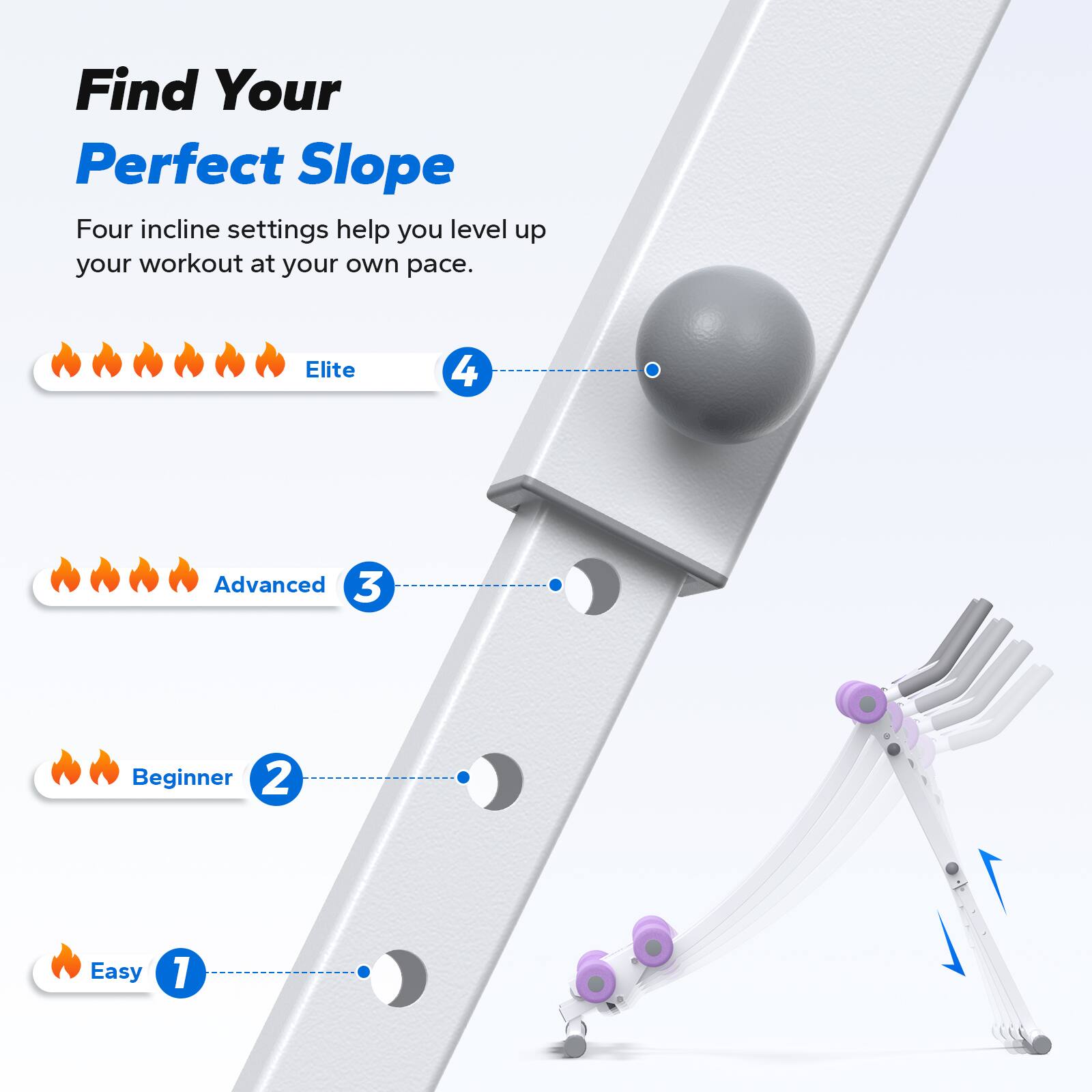 Find Your Perfect Slope

Four incline settings help you level up your workout at your own pace.

- Elite 4
- Advanced 3
- Beginner 2
- Easy 1