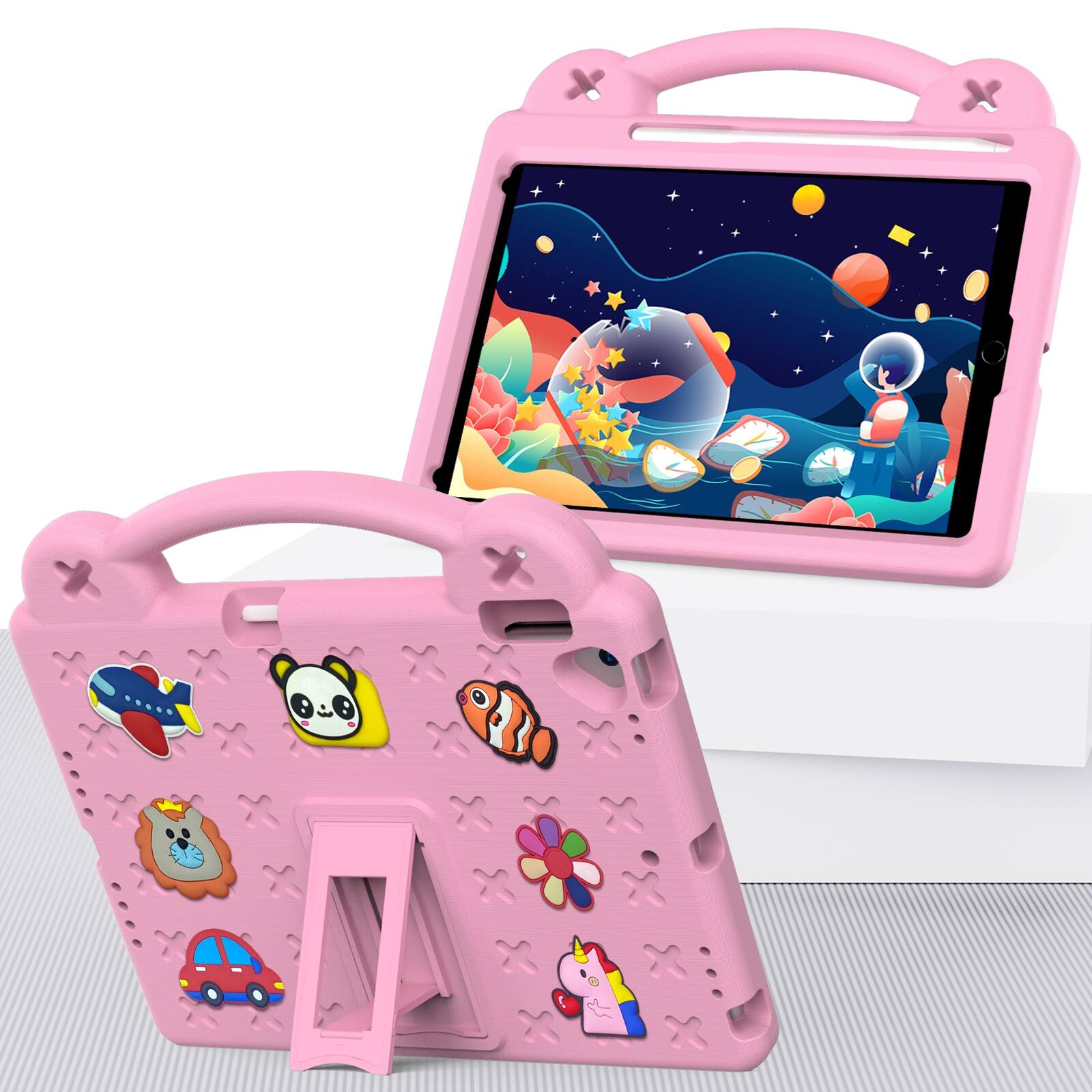 Angle. UUCOVER - Kids Case for iPad 9th 8th 7th Generation 10.2-inch (2021/2020/2019),Shockproof EVA Case Handle Adjustable Stand Cover - Pink.