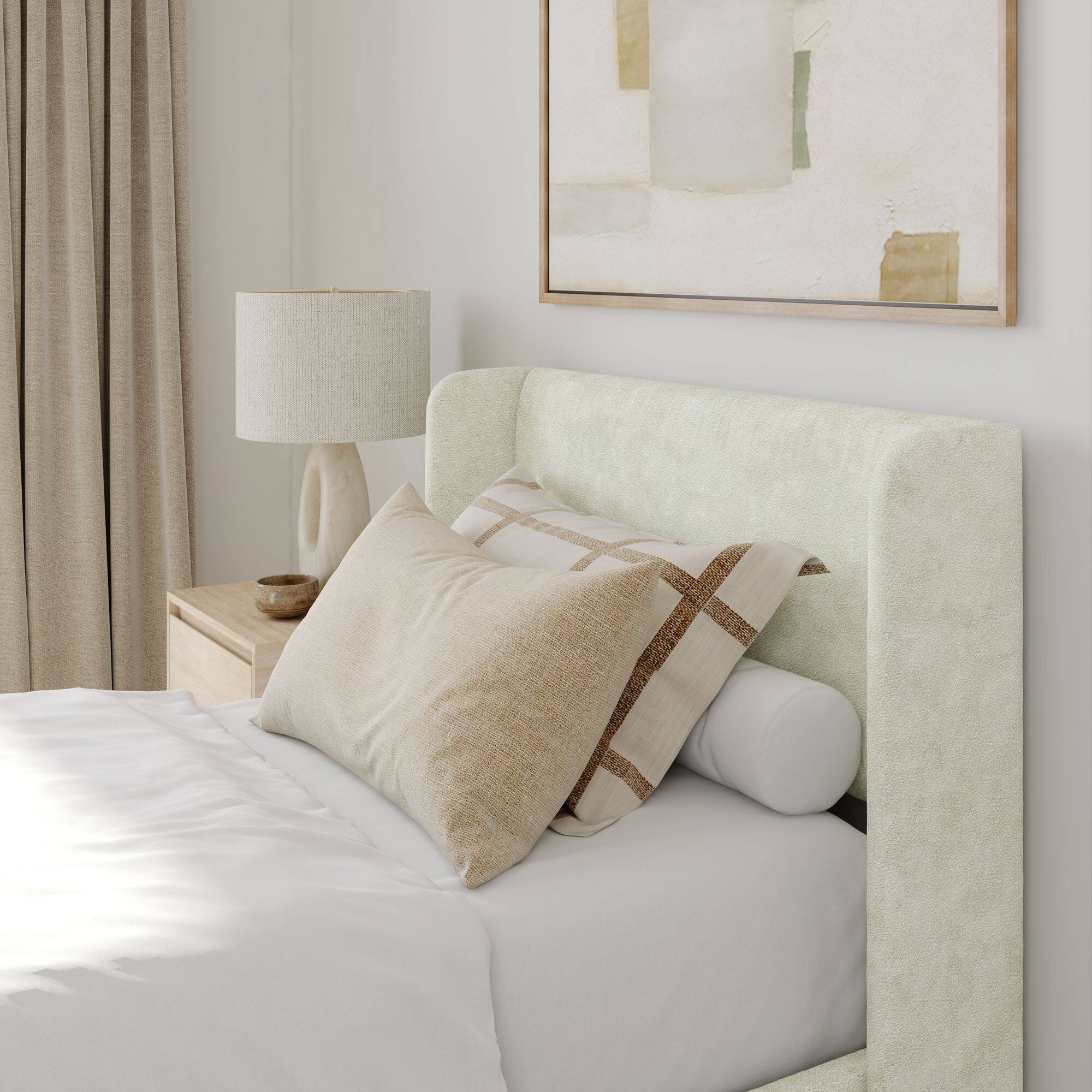 Alt View 5. Plank+Beam - Upholstered Bed with Rectangular Headboard (Twin), Cream - Cream.