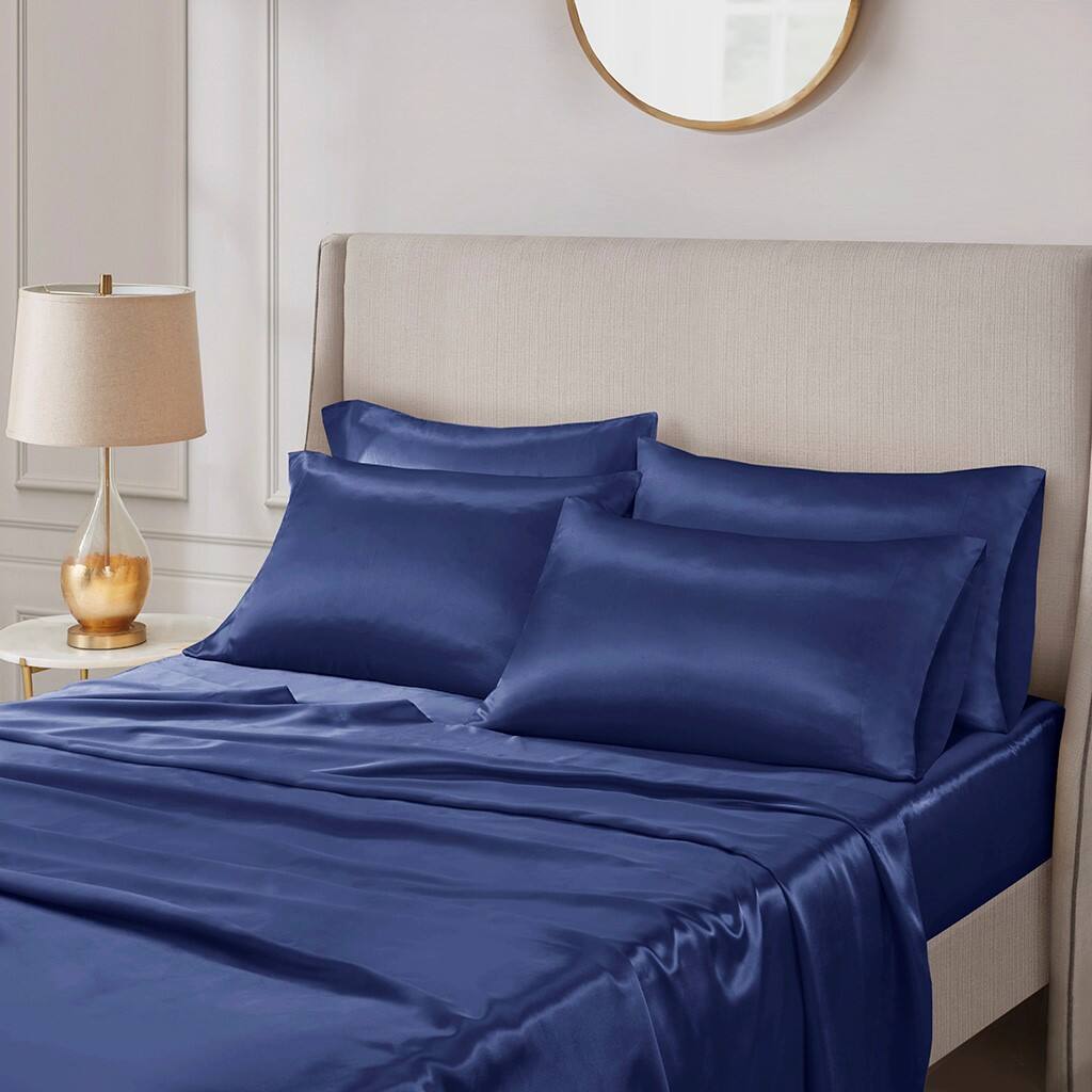 Alt View 1. Gracie Mills - Gracie Mills Coralie 6-Piece Wrinkle-free Satin Sheet Set - Navy.