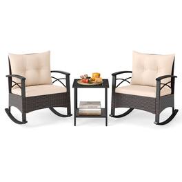 Costway - 3 PCS Rattan Rocking Chair Set with Acacia Wood Tabletop Armrests for Porch Balcony - Mix Brown,Beige