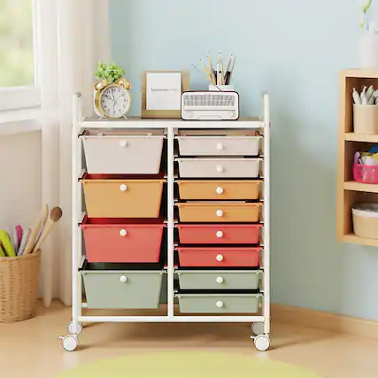 Front. Pefilos - 12-Drawer Utility Rolling Cart with Drawers, Multi-Use Storage for Home/Office/Craft Room, Macaron - Multicolor.