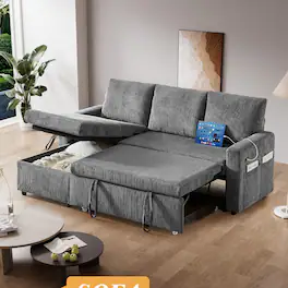 Dyonery - 81" Pull Out Sleeper Sofa Bed, L-Shaped Corduroy Sectional Couch, 3-Seater Convertible Sofa with Hidden Storage - Gray