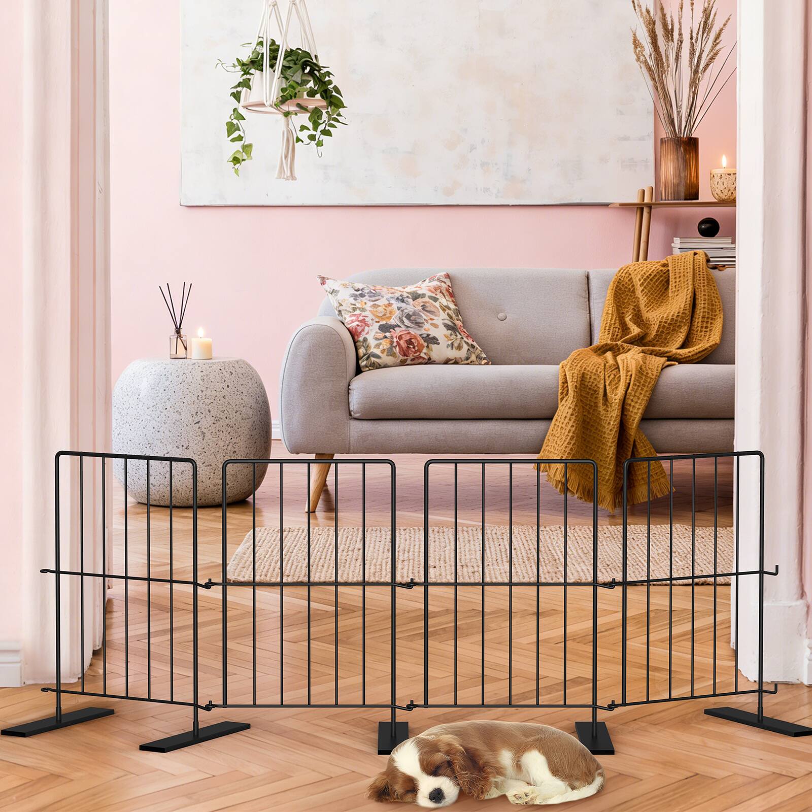 Alt View 1. Oumilen - 4 Panels Expandable Metal Dog Gate, Freestanding Foldable Pet Barrier Fence for Small Dogs Indoor Doorway Stairway - Black.