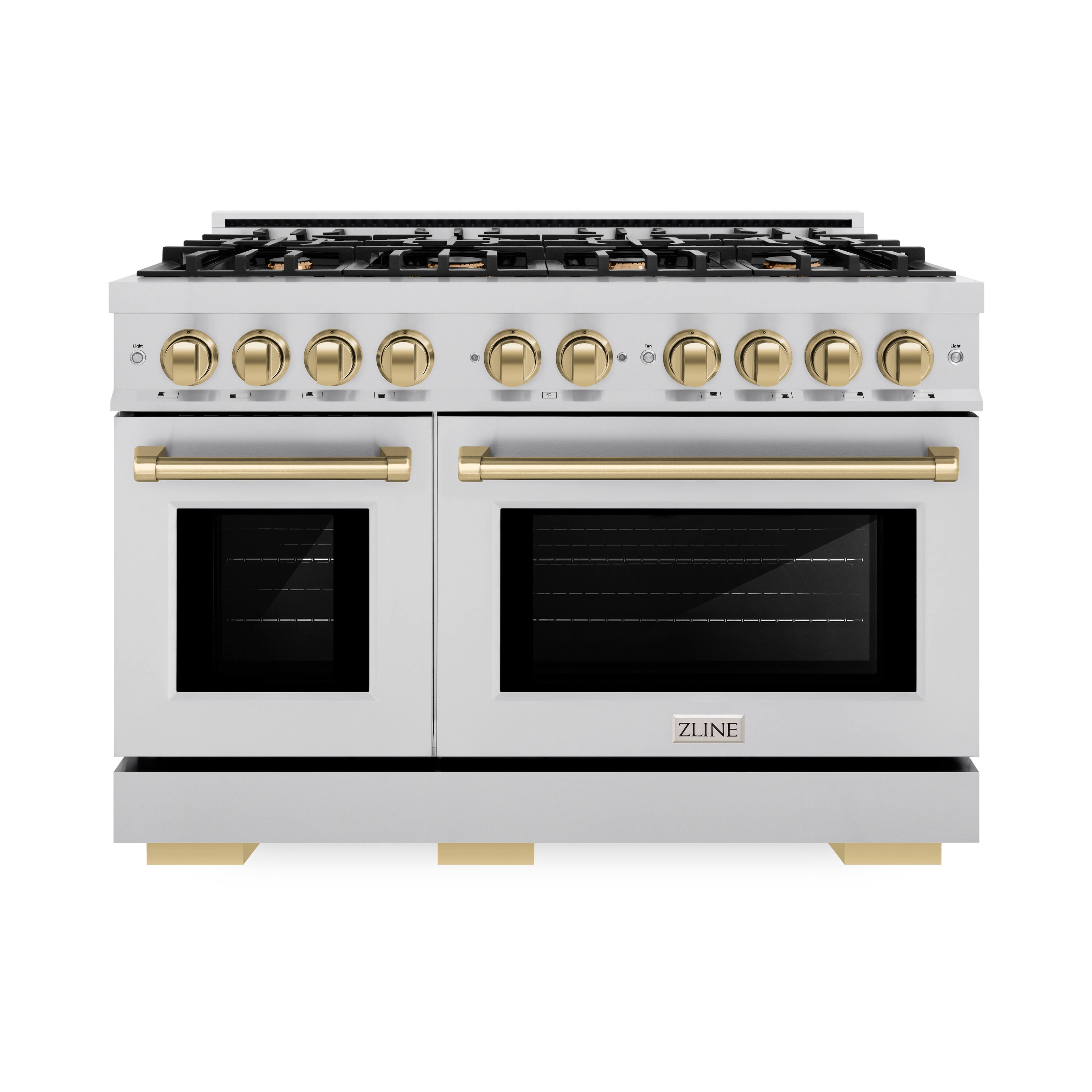 Angle. ZLINE - ZLINE Autograph 48 in. 6.7 cu. ft. Freestanding Select Gas Range w/ 8 Burners & Champagne Bronze Accents (HGRZ-48-CB) - Stainless Steel.