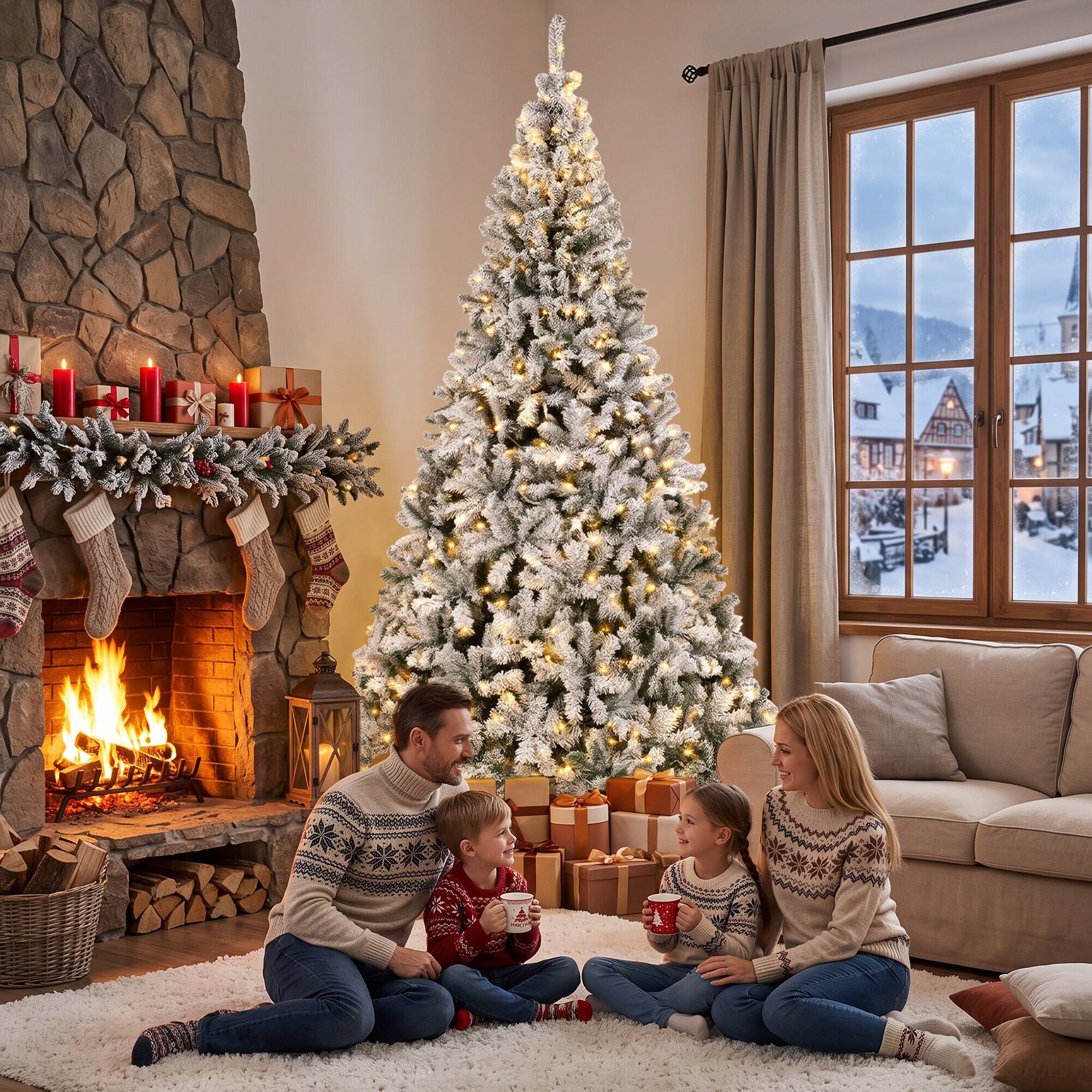 Alt View 7. Homcom - Flocked Prelit Christmas Tree, Fraser Fir, Hinged Xmas Tree with LEDs, Foldable Metal Base - Green, White.