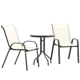 Outsunny - 3 Pieces Outdoor Bistro Set, Small Patio Set with Stackable Mesh Chairs and Glass Top Table - Beige