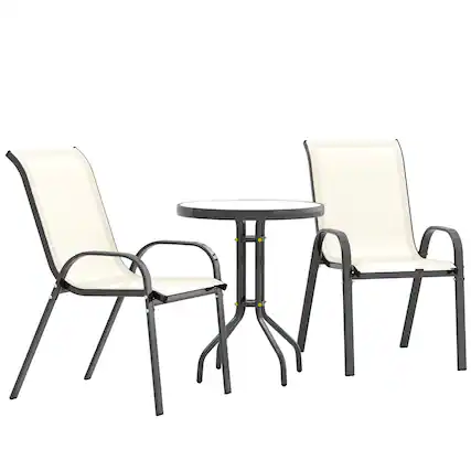 Front. Outsunny - 3 Pieces Outdoor Bistro Set, Small Patio Set with Stackable Mesh Chairs and Glass Top Table - Beige.