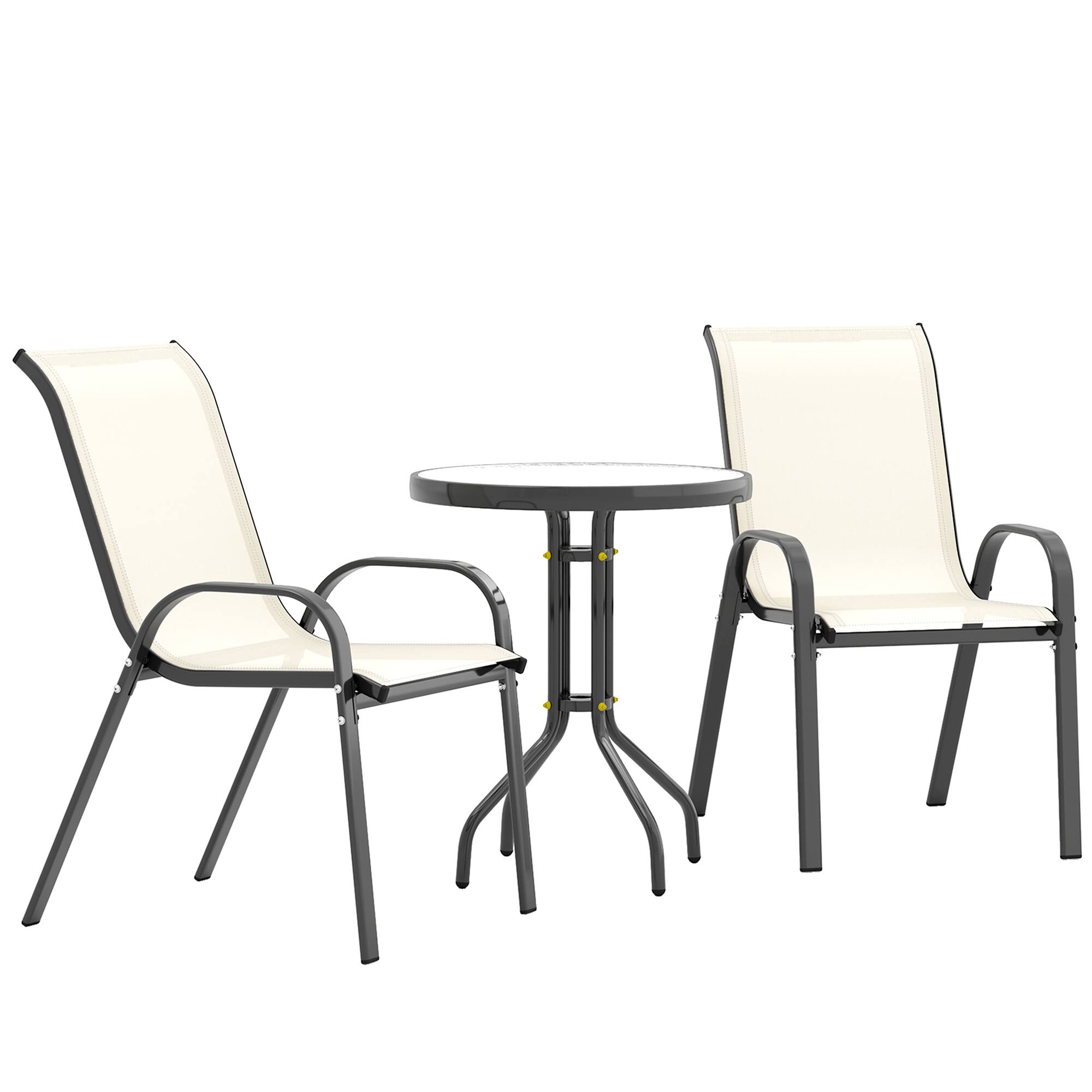 Front. Outsunny - 3 Pieces Outdoor Bistro Set, Small Patio Set with Stackable Mesh Chairs and Glass Top Table - Beige.