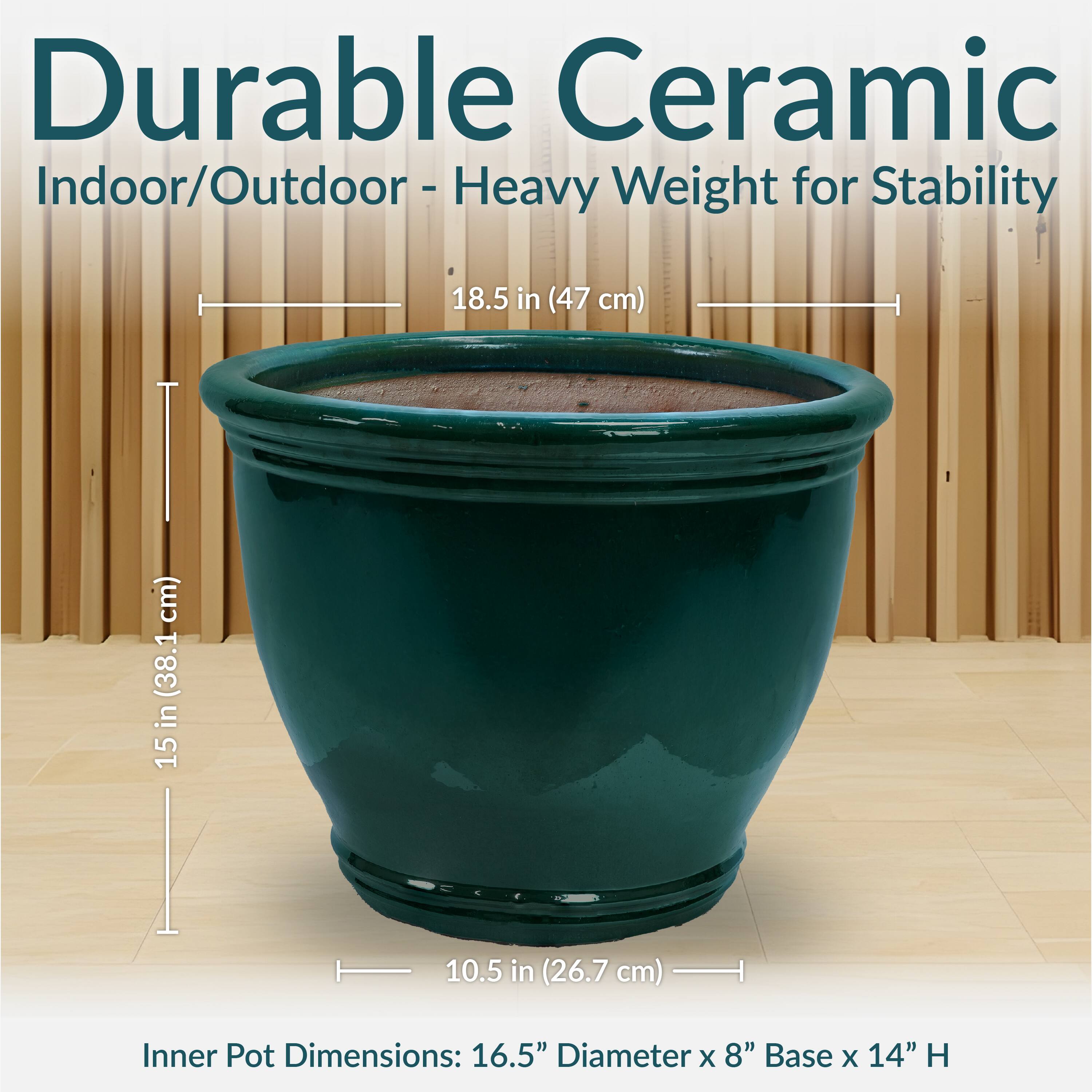 Durable Ceramic  
Indoor/Outdoor - Heavy Weight for Stability  

18.5 in (47 cm)  
15 in (38.1 cm)  
10.5 in (26.7 cm)  

Inner Pot Dimensions: 16.5" Diameter x 8" Base x 14" H