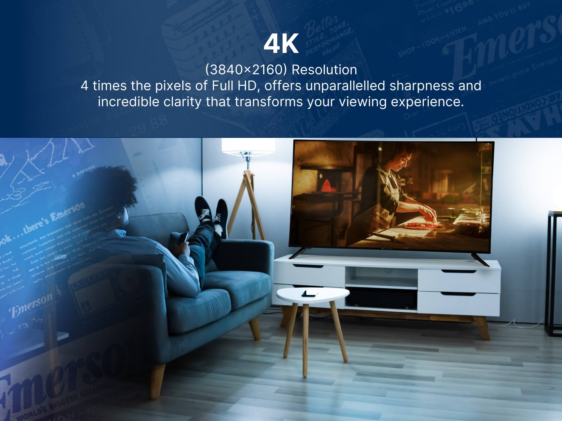 Combining the text from the image, the corrected text is:

"4K (3840x2160) Resolution 4 times the pixels of Full HD, offers unparalleled sharpness and incredible clarity that transforms your viewing experience."