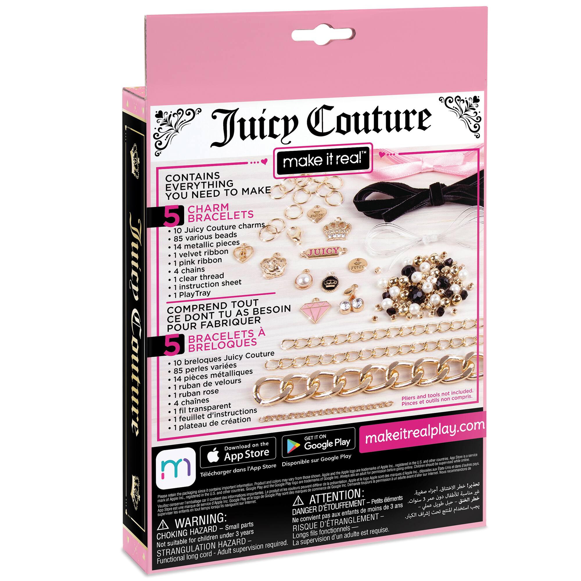 Juicy Couture Make It Real" contains everything you need to charm 5 bracelets. It includes charms, 10 Juicy Couture beads, 85 metallic pieces, and velvet ribbon. The package also comes with a Juicy Couture PlayTray, chains, ribbon thread, and a sheet of instructions. The product is designed for ages 8 and up, and it is available for download on the App Store.