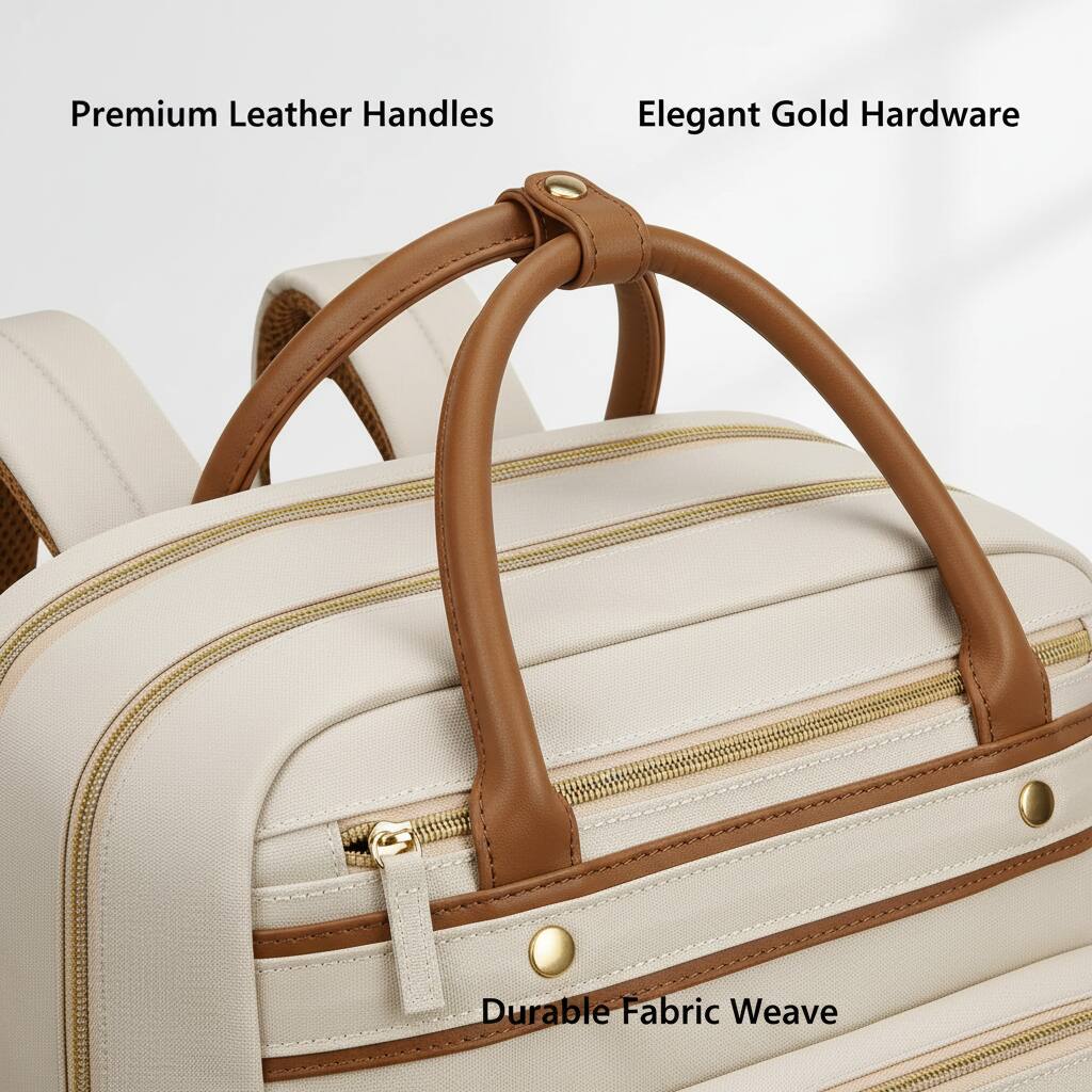 Premium Leather Handles  
Elegant Gold Hardware  
Durable Fabric Weave