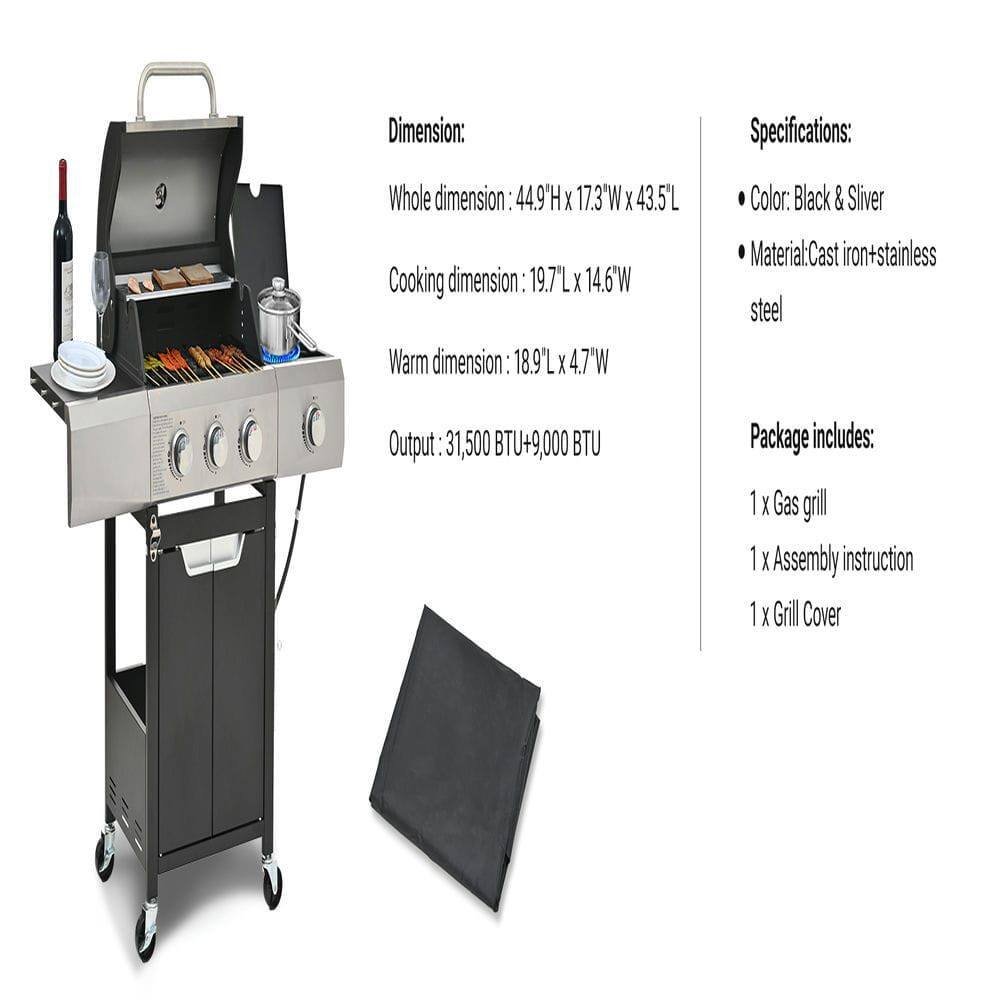 **Dimension:**
- Whole dimension: 44.9"H x 17.3"W x 43.5"L
- Cooking dimension: 19.7"L x 14.6"W
- Warm dimension: 18.9"L x 4.7"W
- Output: 31,500 BTU + 9,000 BTU

**Specifications:**
- Color: Black & Silver
- Material: Cast iron + stainless steel

**Package includes:**
- 1 x Gas grill
- 1 x Assembly instruction
- 1 x Grill Cover
