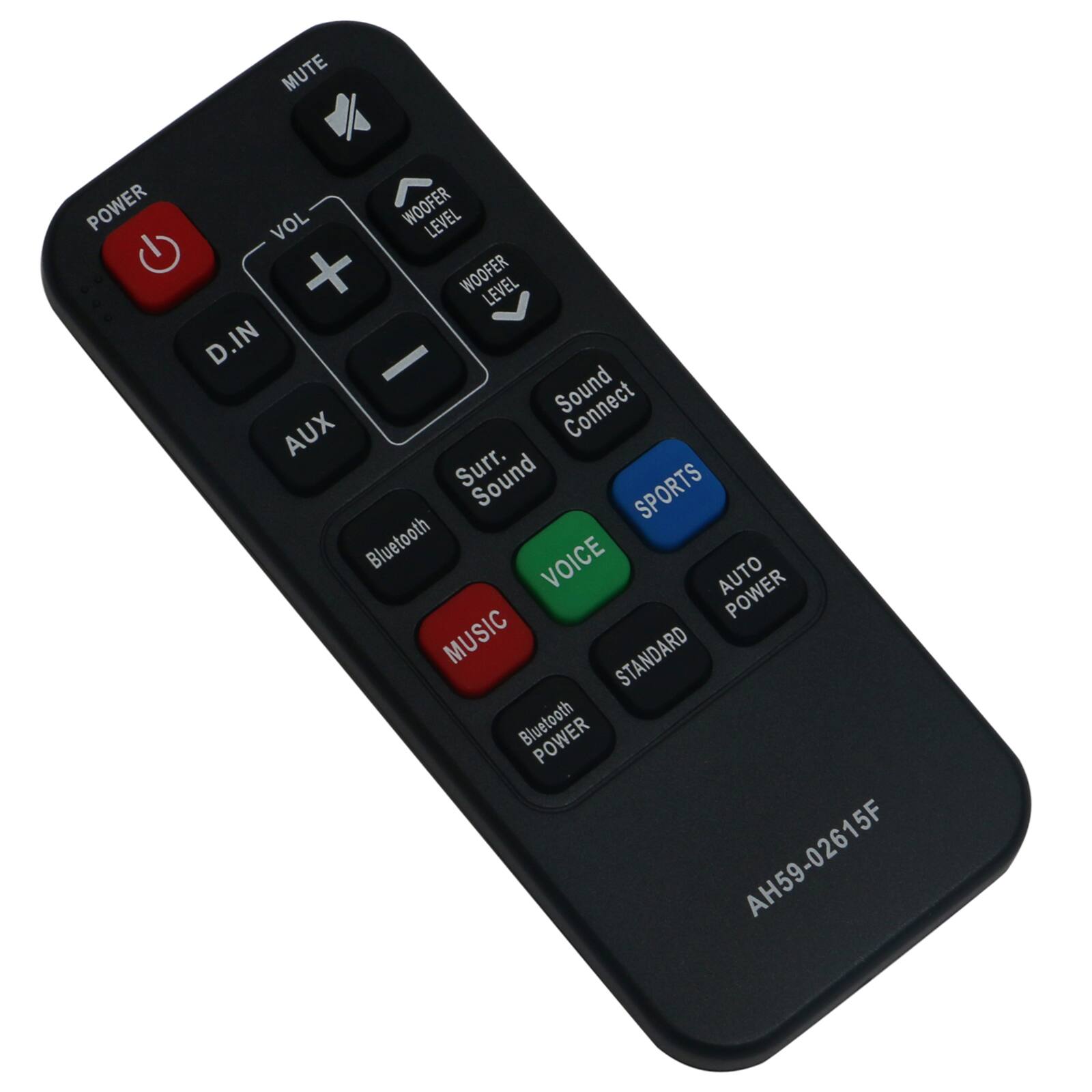 MUTE  
POWER  
VOL +  
VOL -  
WOOFER LEVEL +  
WOOFER LEVEL -  
D.IN  
AUX  
Sound Connect  
Surr. Sound  
SPORTS  
Bluetooth  
MUSIC  
VOICE  
AUTO POWER  
STANDARD  
Bluetooth POWER  
AH59-02615F