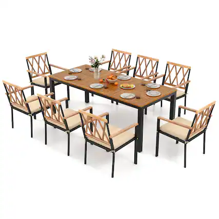 Front. Gymax - Gymax 9 PCS Outdoor Dining Table & Chairs Set Table w/ Acacia Wood Top Umbrella Hole - Natural.