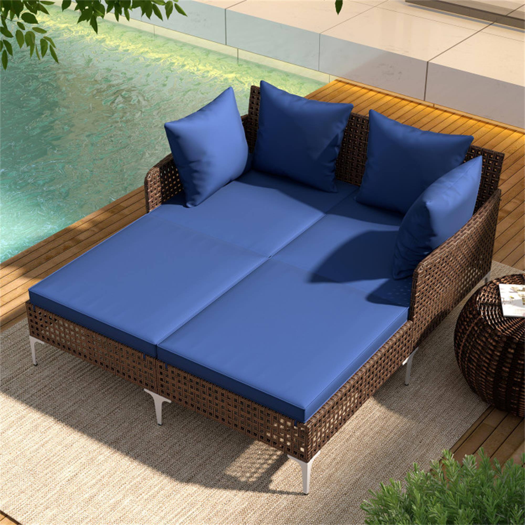 Alt View 1. Boyel Living - Navy Blue Outdoor Rattan Double Daybed Wicker Chaise Lounge 60in L x 525in W x 275in H - Navy Blue.