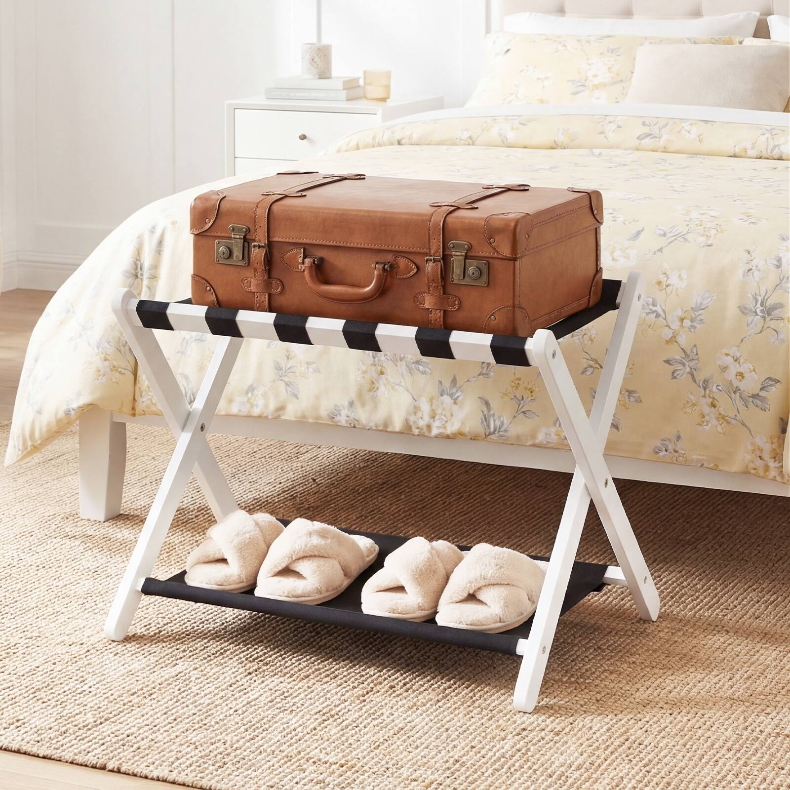 Alt View 1. Costway - Costway 1 PCS Luggage Rack, Solid Rubberwood Suitcase Stand with Nylon Shelves, Portable - Black + White.