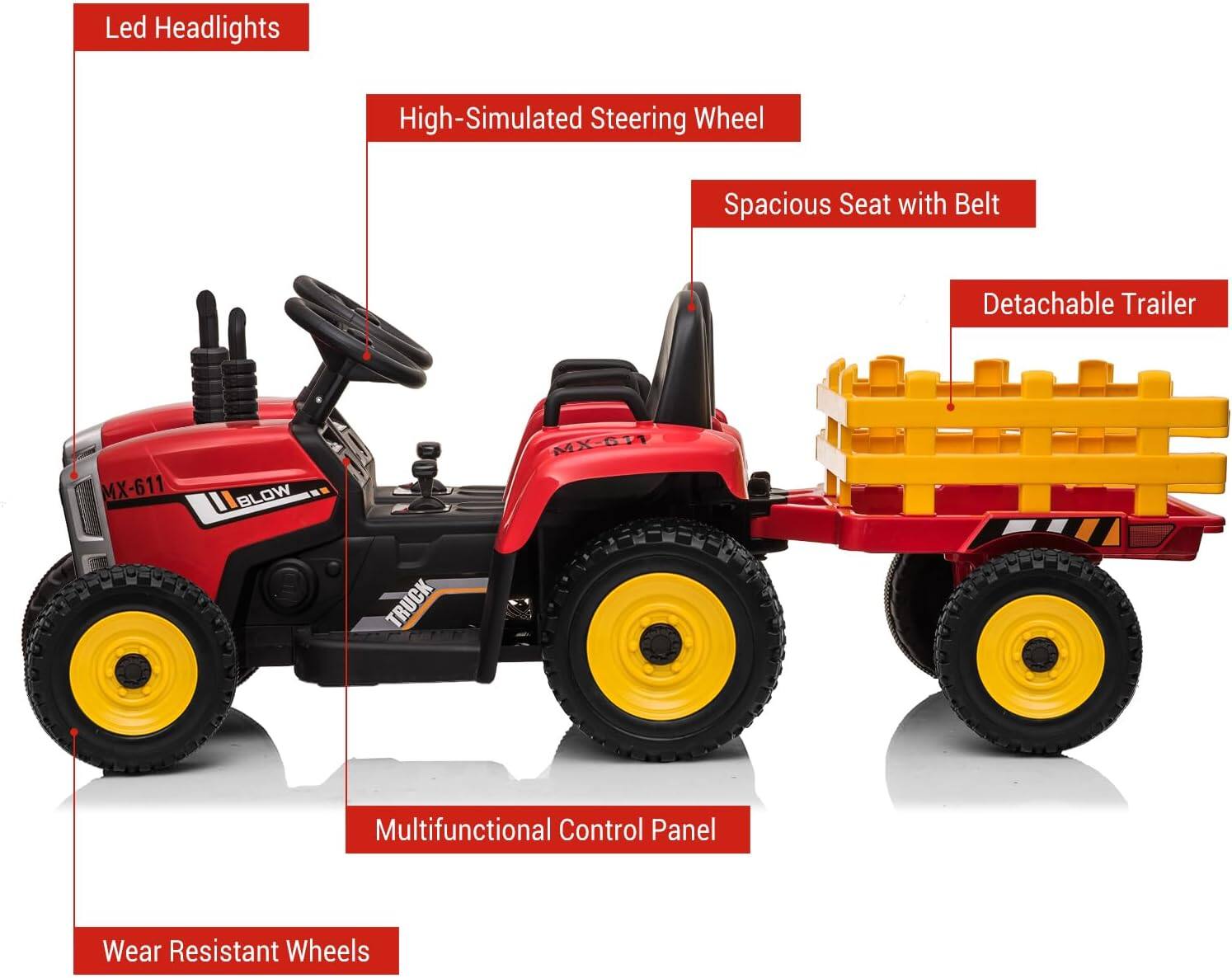 - Led Headlights
- High-Simulated Steering Wheel
- Spacious Seat with Belt
- Detachable Trailer
- Multifunctional Control Panel
- Wear Resistant Wheels