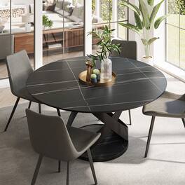 POVISON - 51" Modern Black Round Dining Table for 4, Matte Sintered Stone Tabletop with Black X Carbon Steel Base - Black Matte Sintered Stone with Black