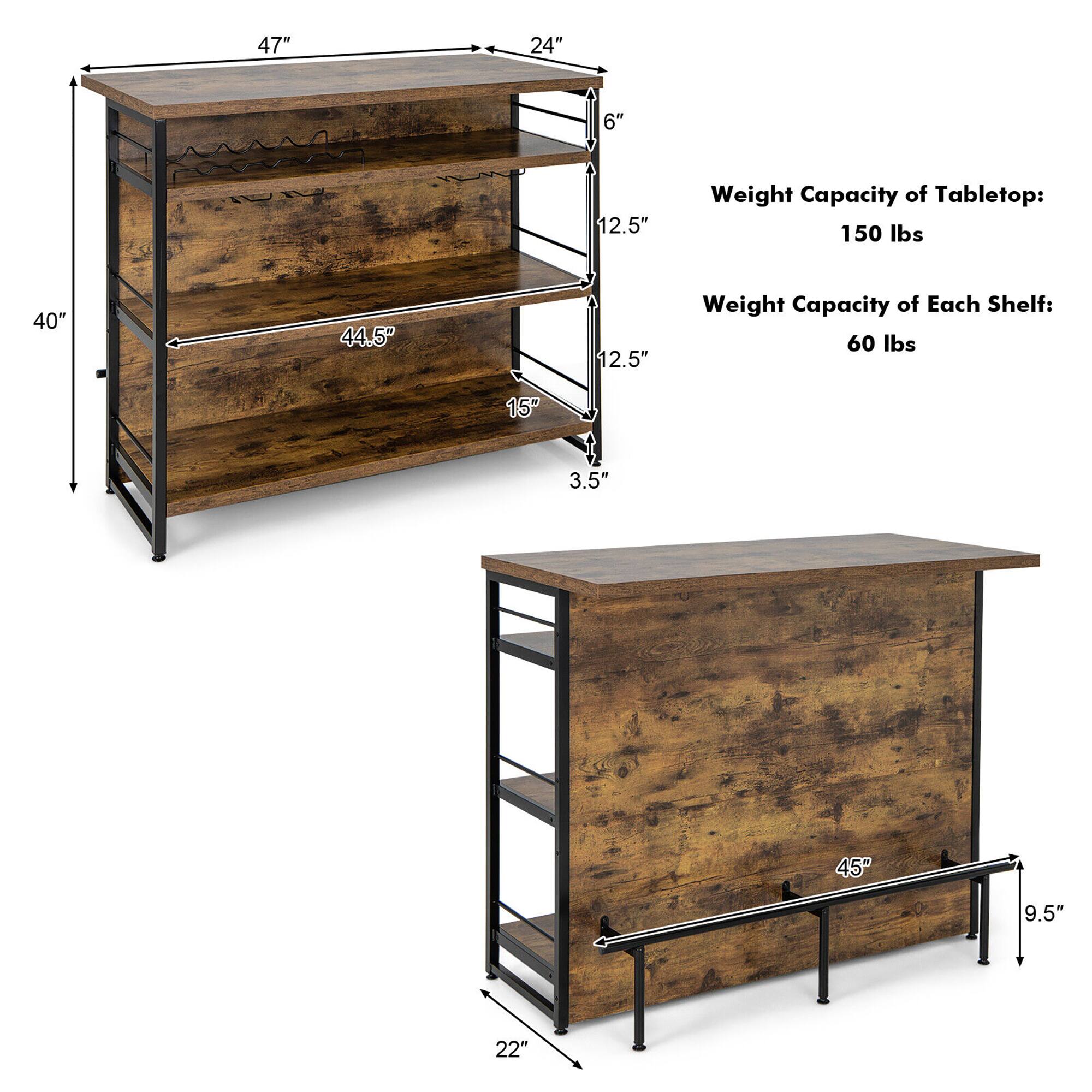 47" x 24" x 6"  
Weight Capacity of Tabletop: 150 lbs  
40" x 44.5" x 12.5"  
Weight Capacity of Each Shelf: 60 lbs  
15" x 3.5" x 45" x 9.5"  
22"