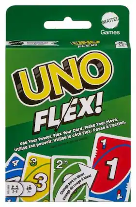 MATTEL Games
UNO FLEX!
Use Your Power. Flex Your Card. Make Your Move.
Utilise ton pouvoir. Utilise de cartes. Passe à l'action.
Change Red to Blue!
Change de rouge à bleu!
2-8
7+