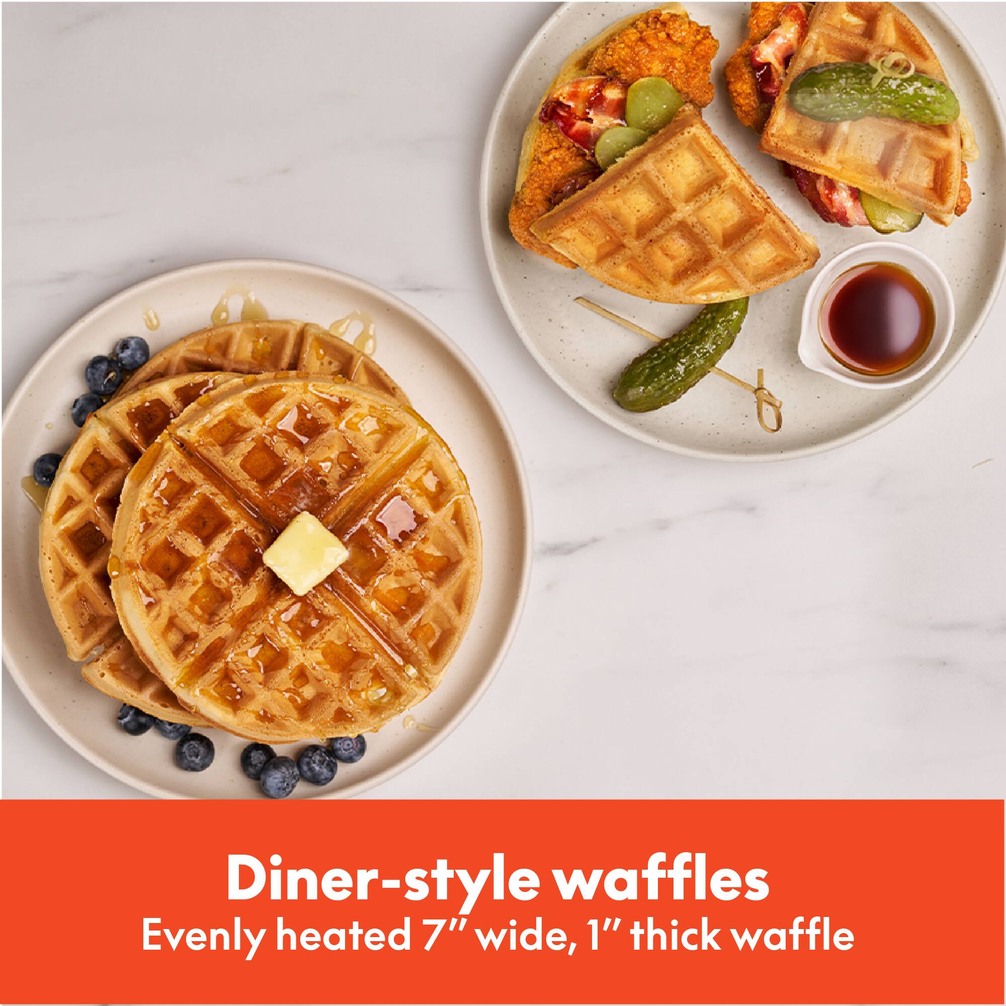 Diner-style waffles  
Evenly heated 7" wide, 1" thick waffle