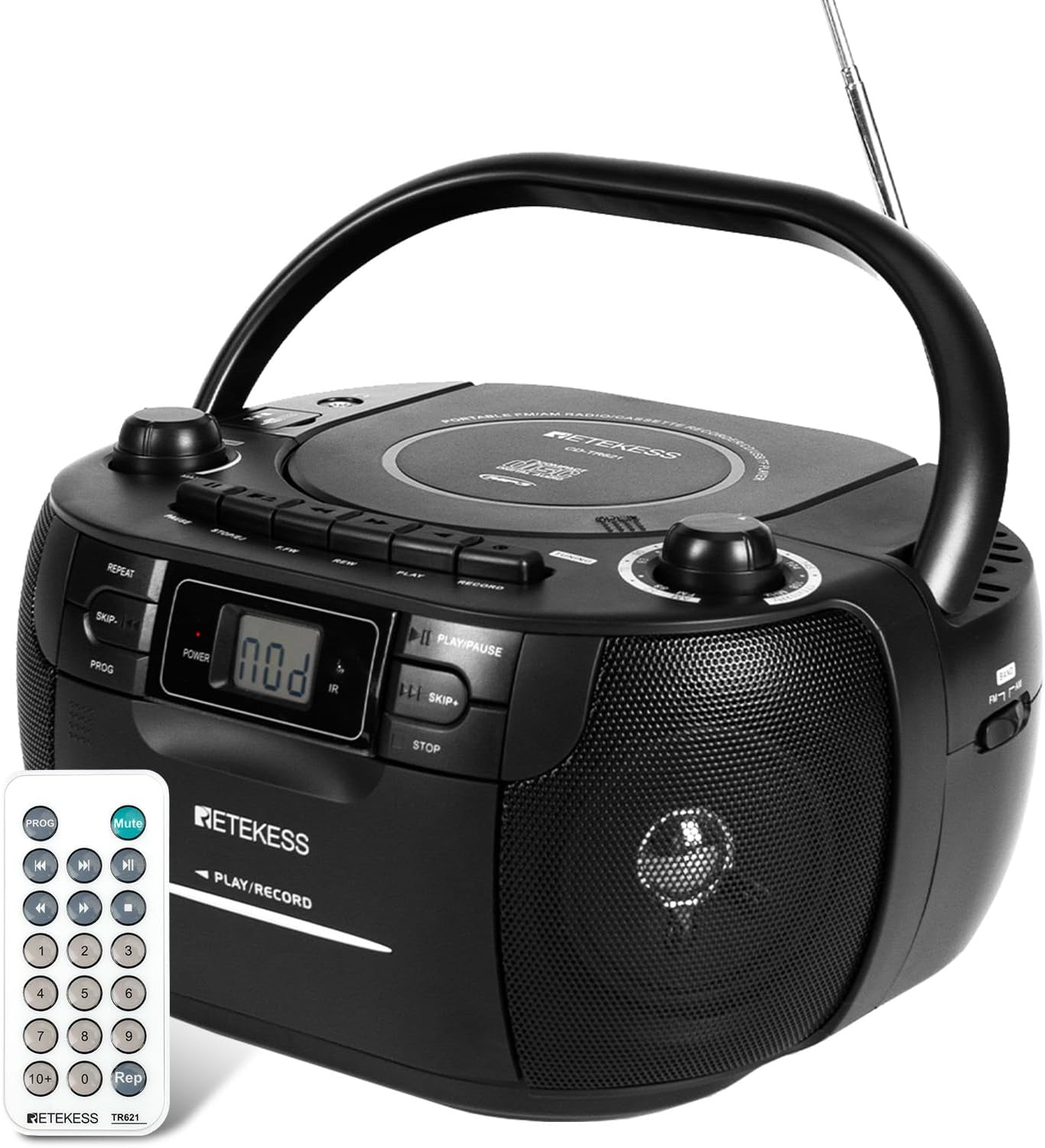 REPEAT SKIP- PROG  
Phost STORES NEW POWER  IR  
MAIMY PORTABLE COKPROS METEKESS GO. CO-TREM PLAY RECORD 11 PLAY/PAUSE 111 SKIP+ STOP  
FLAYER  
Lay  
PROG KA  1  
  2  
Mute   3  
ETEKESS PLAY/RECORD  
4  
5  
6  
7  
8  
9  
10+  
0  
Rep  
NETEKESS TR621