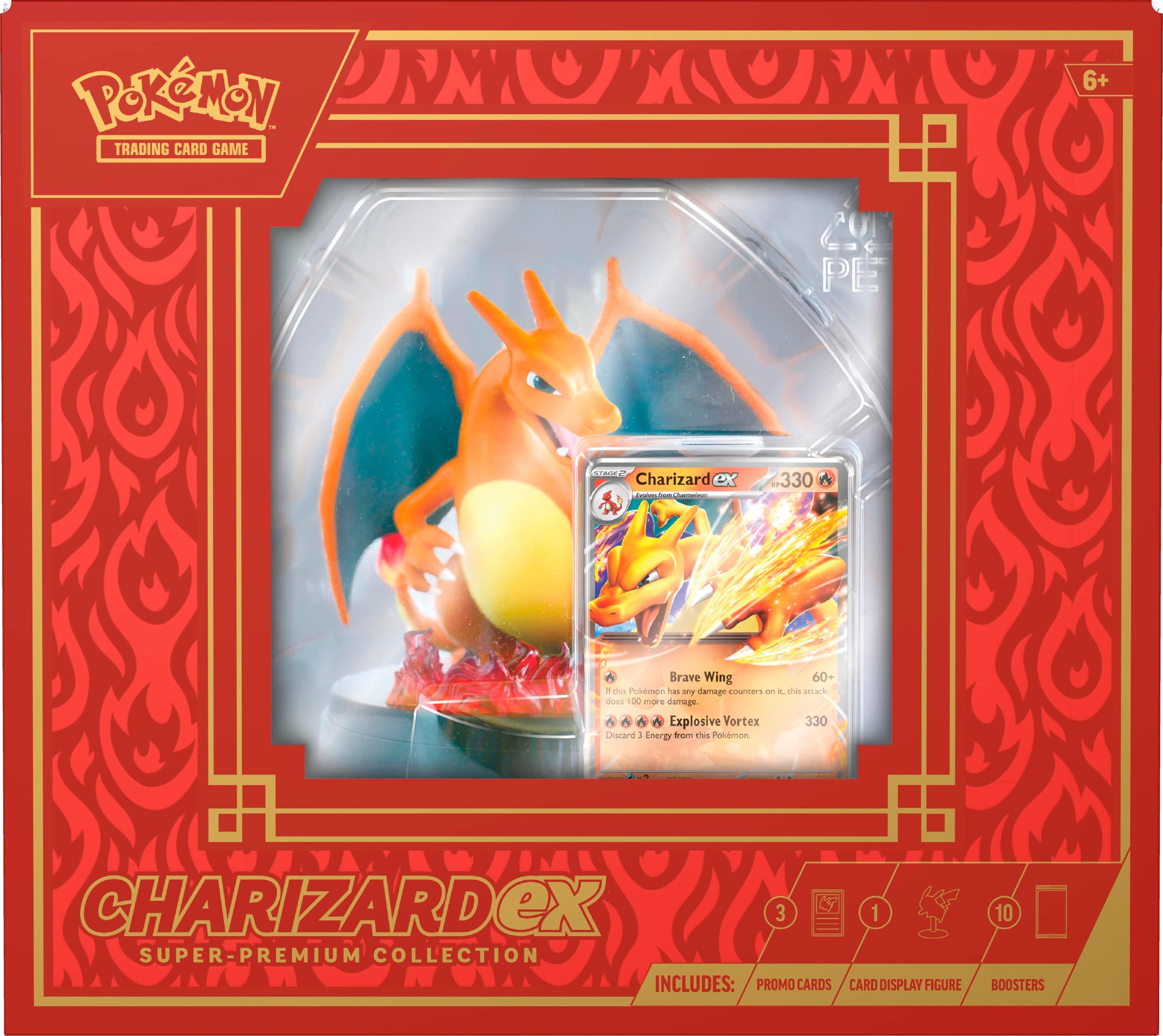 PokeMon Trading Card Game 6+ CVE PE Charizard ex - - - 330 Brave Wing 60+ 1 ehs Pokemon has more damage raurer a shis mak does 0C more damage Explosive Vortex 330 Csrar 1 frour ria Pasidmon CHARIZARD ex 3 1 SUPER-PREMIUM COLLECTION INCLUDES: PROMO CARDS CARD DISPLAY FIGURE 10 BOOSTERS