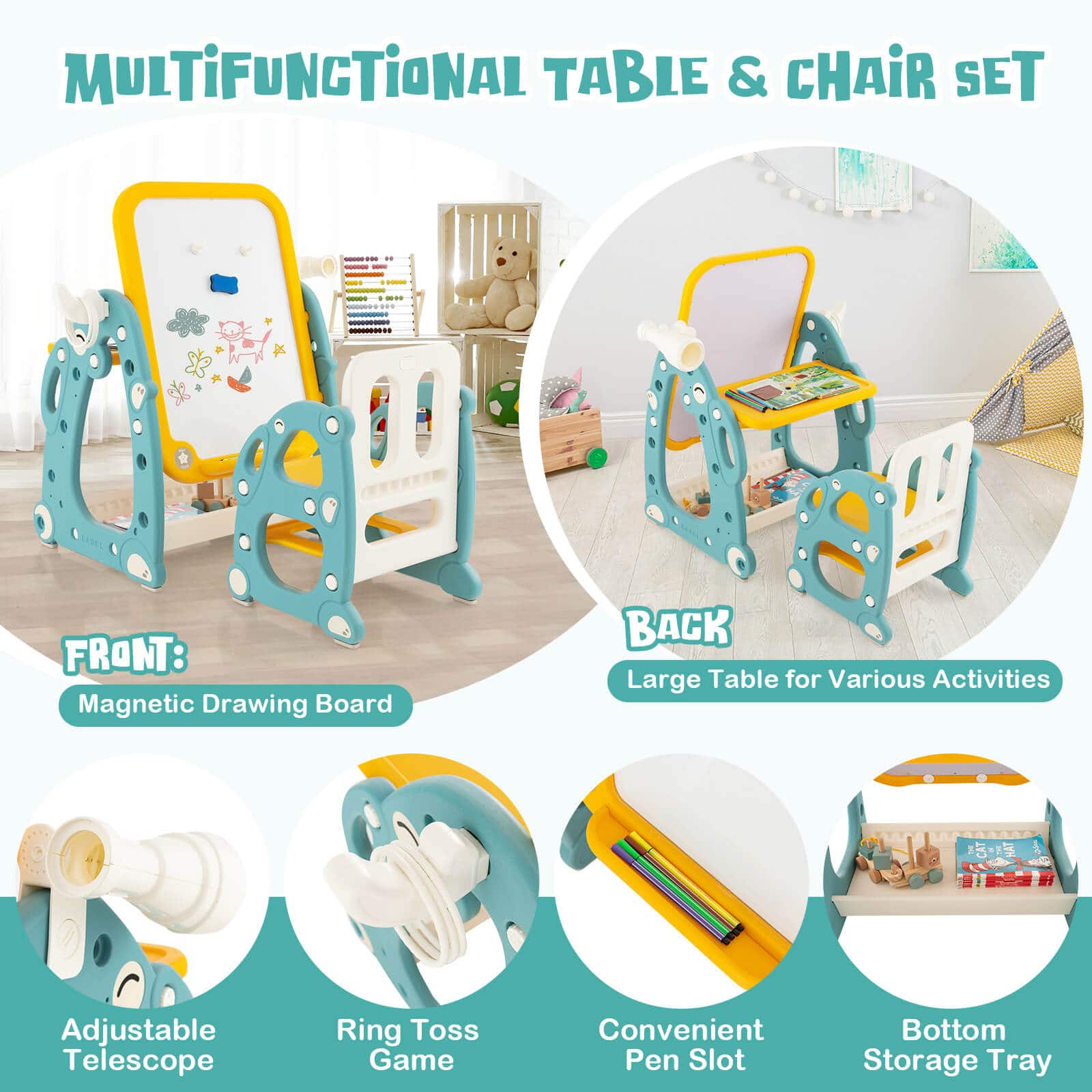 MULTIFUNCTIONAL TABLE & CHAIR SET - Front: Magnetic Drawing Board - Back: Large Table for Various Activities - Adjustable Telescope - Ring Toss Game - Convenient Pen Slot - Bottom Storage Tray