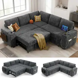 Dyonery - 5 Seat Modular Sectional Sleeper Sofa with Pull Out Bed, L Shaped with Reclining Backrest,Chenille Gray - Gray