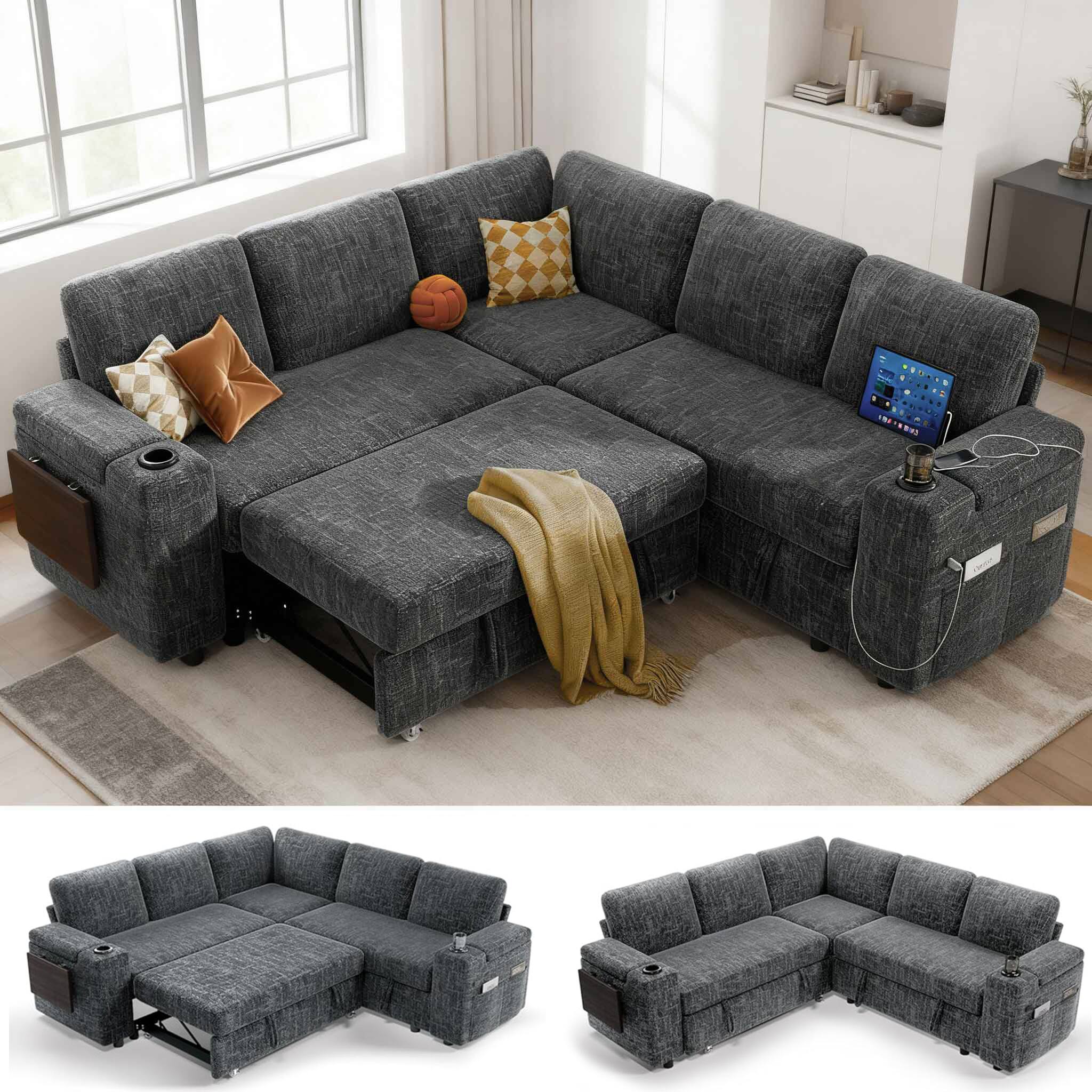 Dyonery - 5 Seat Modular Sectional Sleeper Sofa with Pull Out Bed, L Shaped with Reclining Backrest,Chenille Gray - Gray