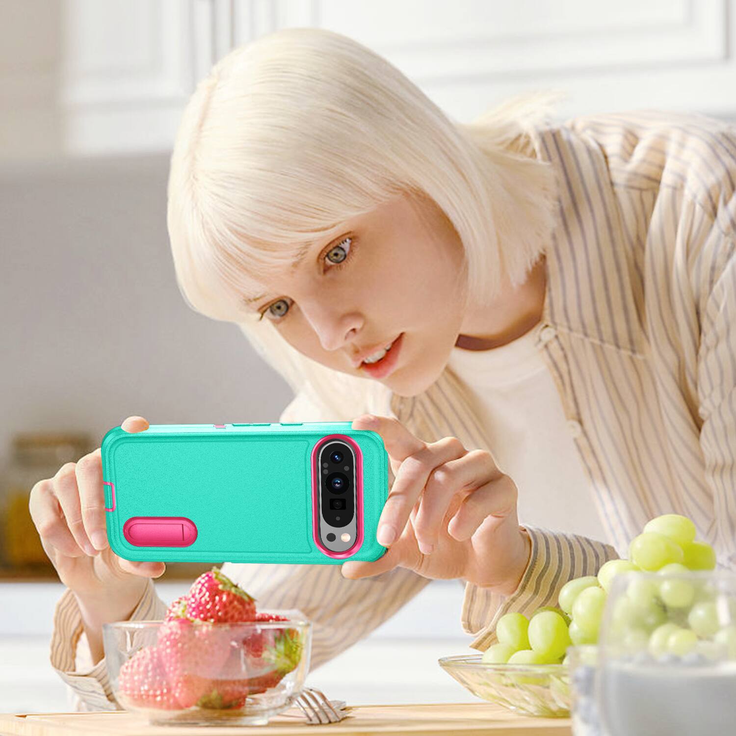 Alt View 4. Dteck - Heavy Duty Case for Google Pixel 9 Pro XL w/ Foldable Kickstand,Dual-Layer Shockproof Hard PC Soft Silicone Cover - Mint/Rose.