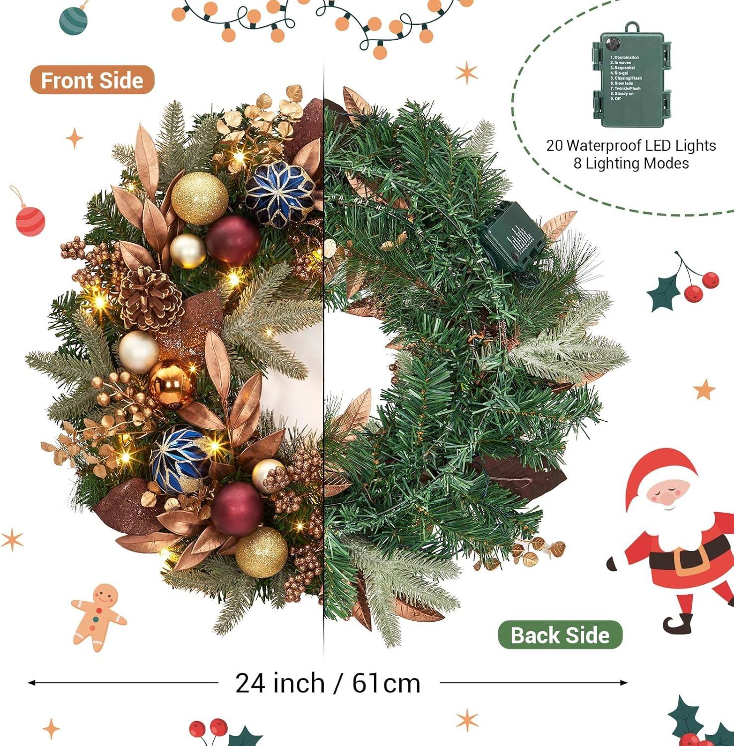 Front Side

20 Waterproof LED Lights  
8 Lighting Modes

Back Side

24 inch / 61 cm