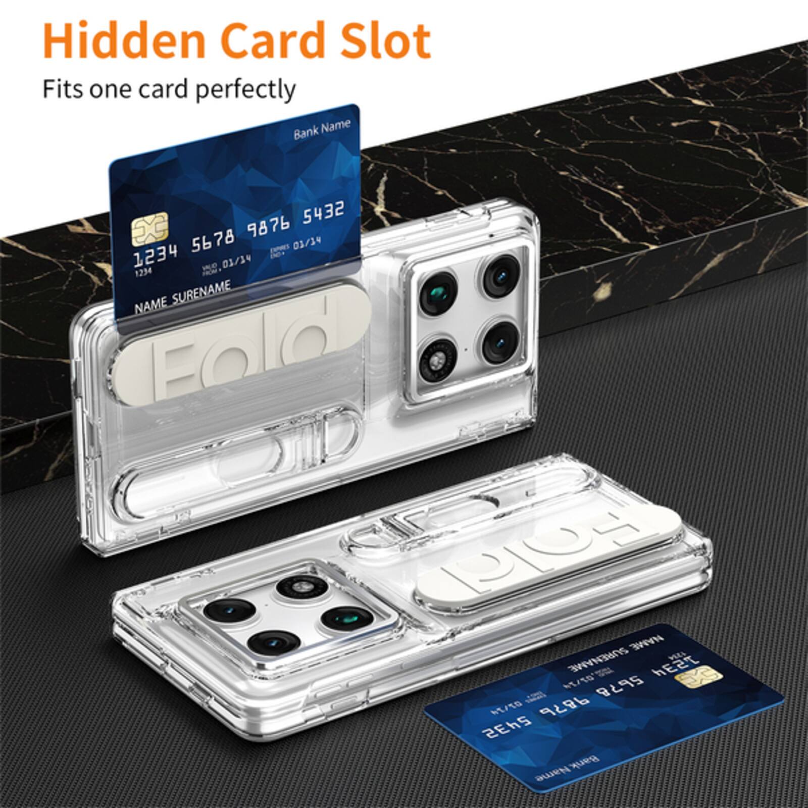 Hidden Card Slot  
Fits one card perfectly  

Bank Name  
5432 SC 9876 5678  
1234 D e 01/14 1234  

CM NAME SURENAME  
Eold NAME SURENAME  

WEST / 5678  
E/T 9876 5432