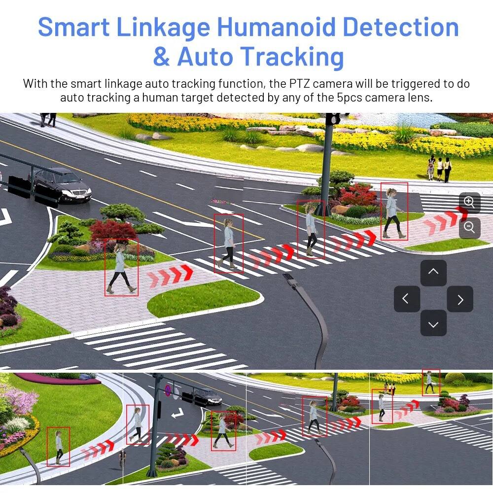Smart Linkage Humanoid Detection & Auto Tracking

With the smart linkage auto tracking function, the PTZ camera will be triggered to do auto tracking a human target detected by any of the 5pcs camera lens.