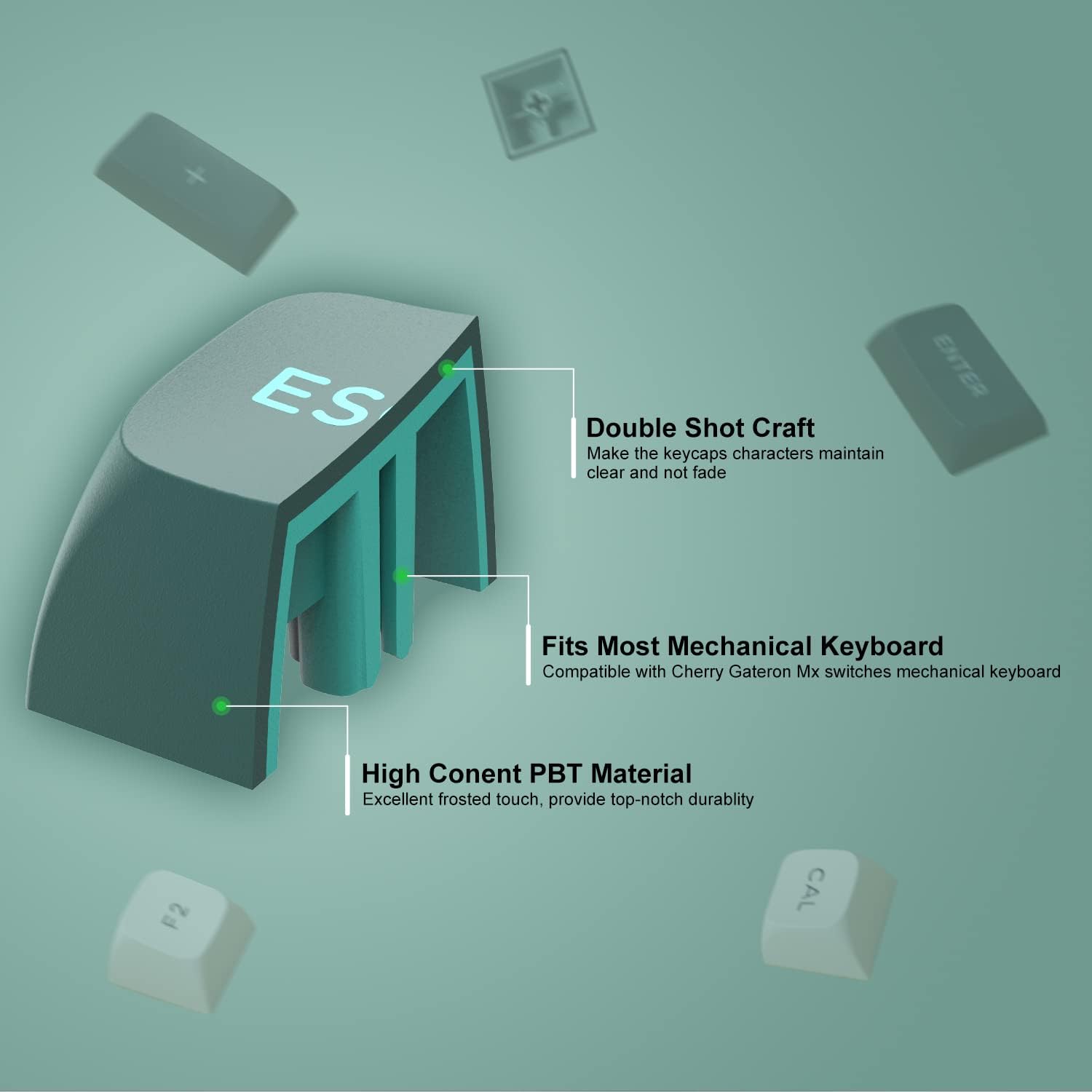 - Double Shot Craft: Make the keycaps characters maintain clear and not fade
- Fits Most Mechanical Keyboard: Compatible with Cherry Gateron Mx switches mechanical keyboard
- High Conent PBT Material: Excellent frosted touch, provide top-notch durability
- F2
- CAL