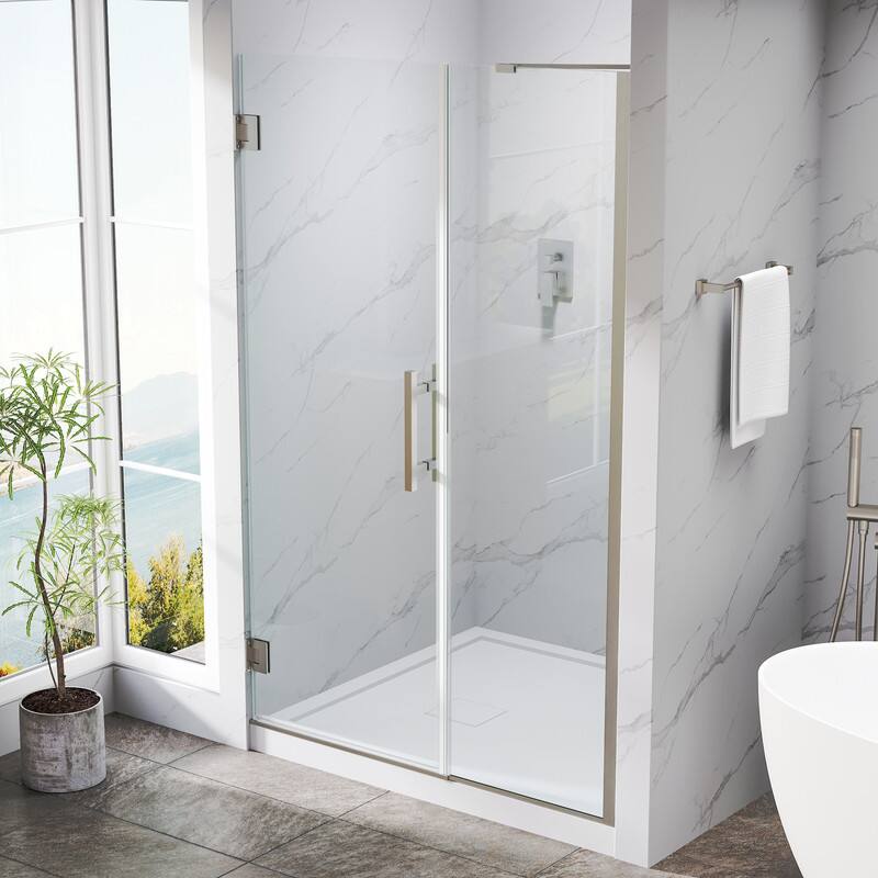 Left. WELLFOR - 47–48 in. W x 72 in. H Frameless Hinged Shower Door with 3/8" Clear Tempered Glass, Reversible Opening - Brushed Nickel.