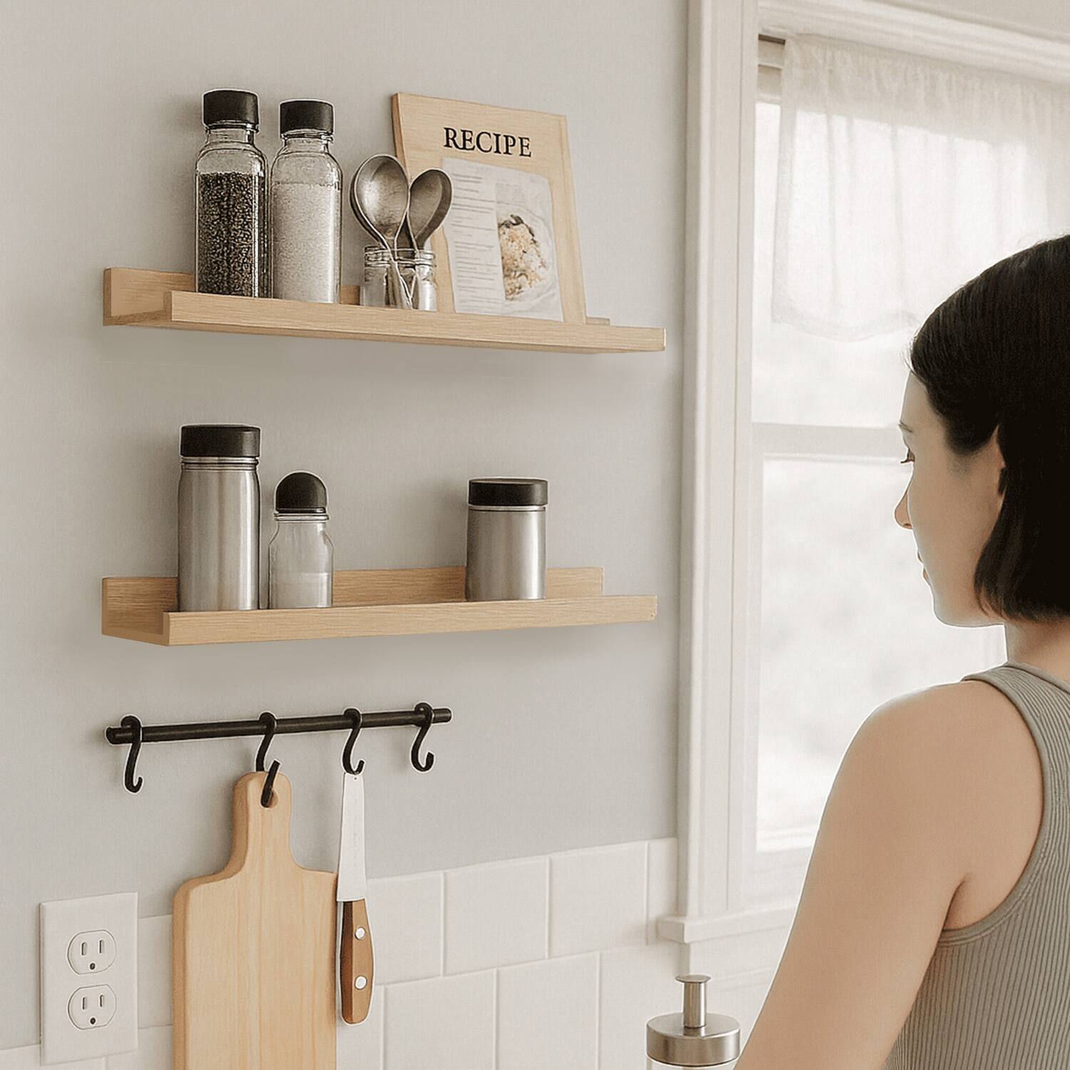 Alt View 7. BOMEDA - 2 Pack 16 in Floating Picture Ledge Shelves, Wooden Wall Shelf for Books, Photos & Decor Display for Living Room - Oak.